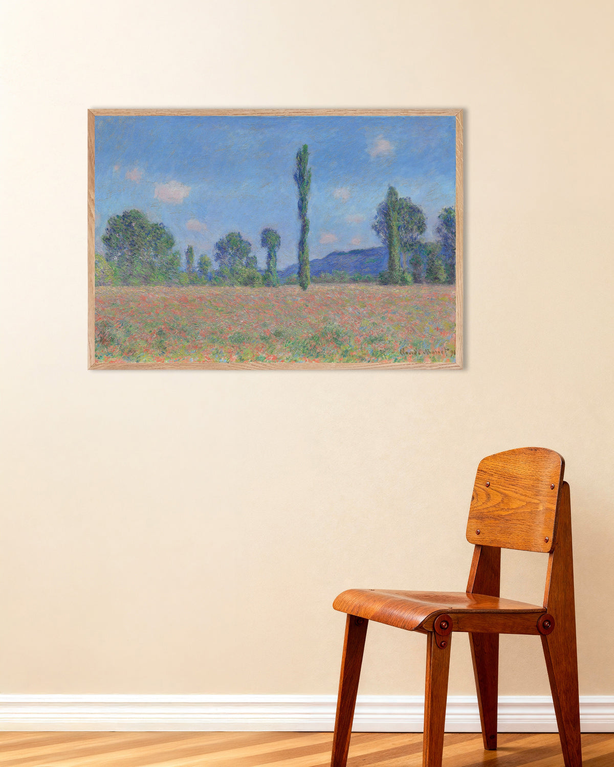 Plakat Valmueåker, Giverny (1890) av Claude Monet med ramme i naturtre