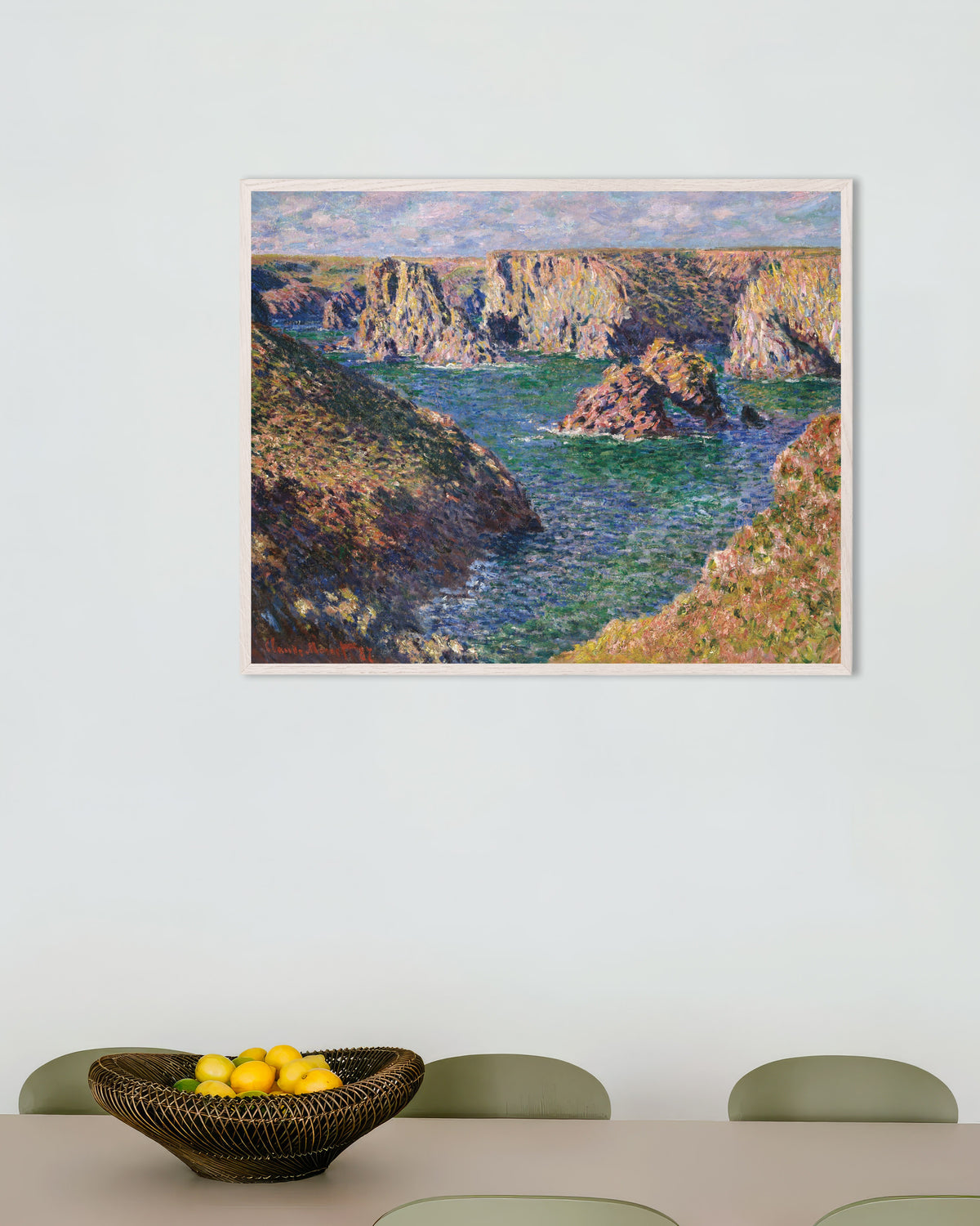Plakat Port-Domois, Belle-Île (1887) av Claude Monet med hvit treramme