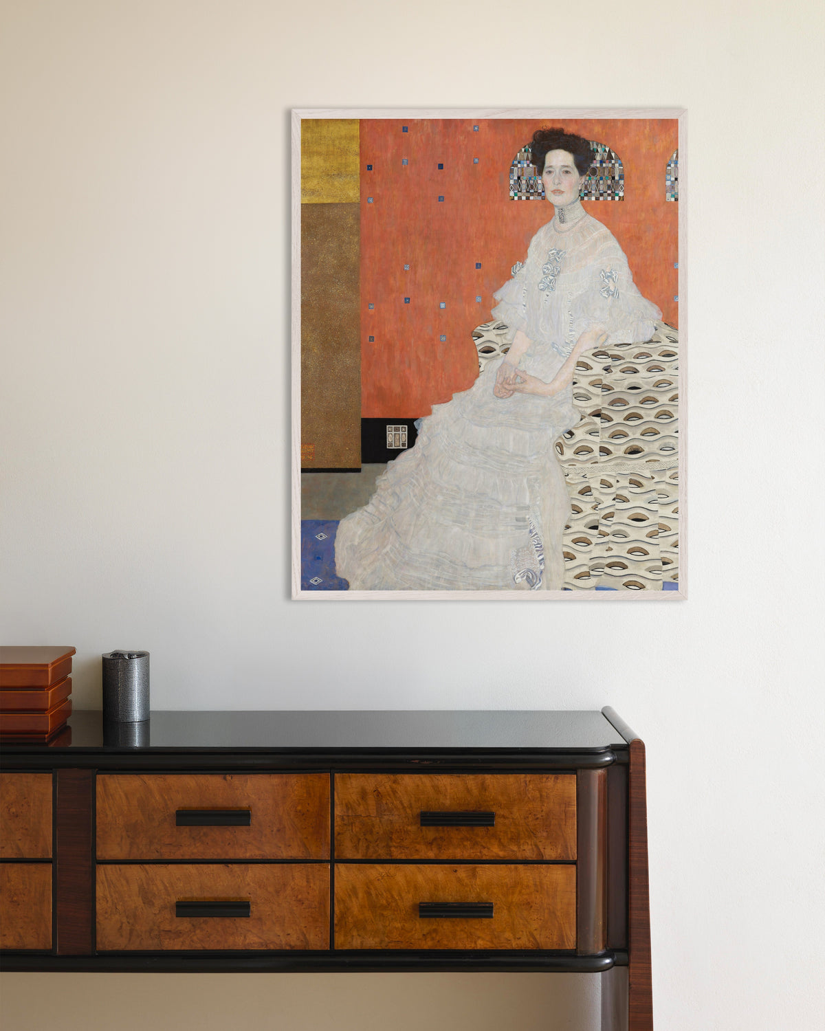 Poster of Portrait of Fritza Riedler (1906) by Gustav Klimt, with white wooden frame