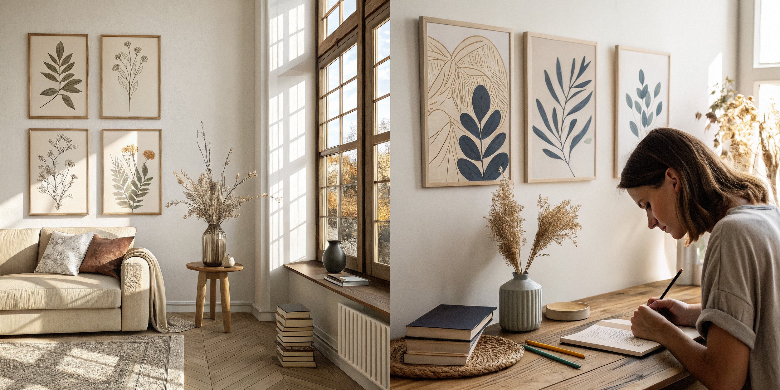 Woman writing at a desk in a home office with decorative elements and natural light.