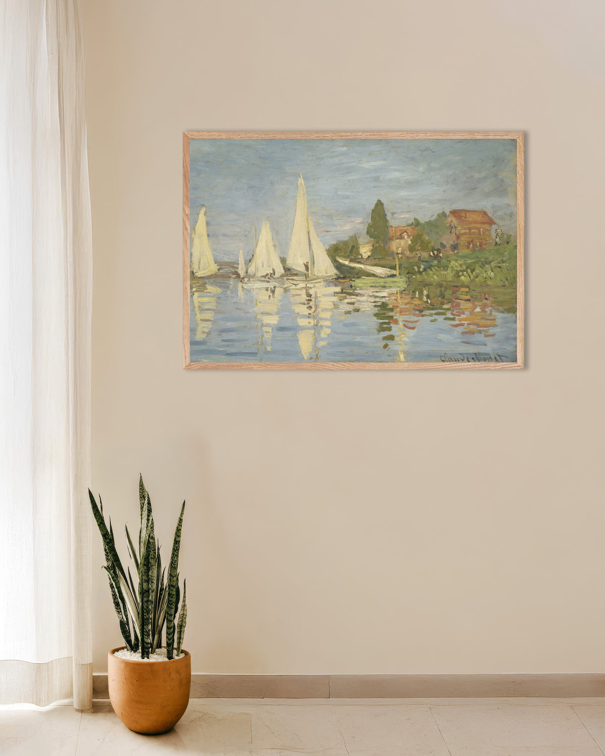 Plakat Regatta ved Argenteuil (ca. 1872) av Claude Monet med ramme i naturtre