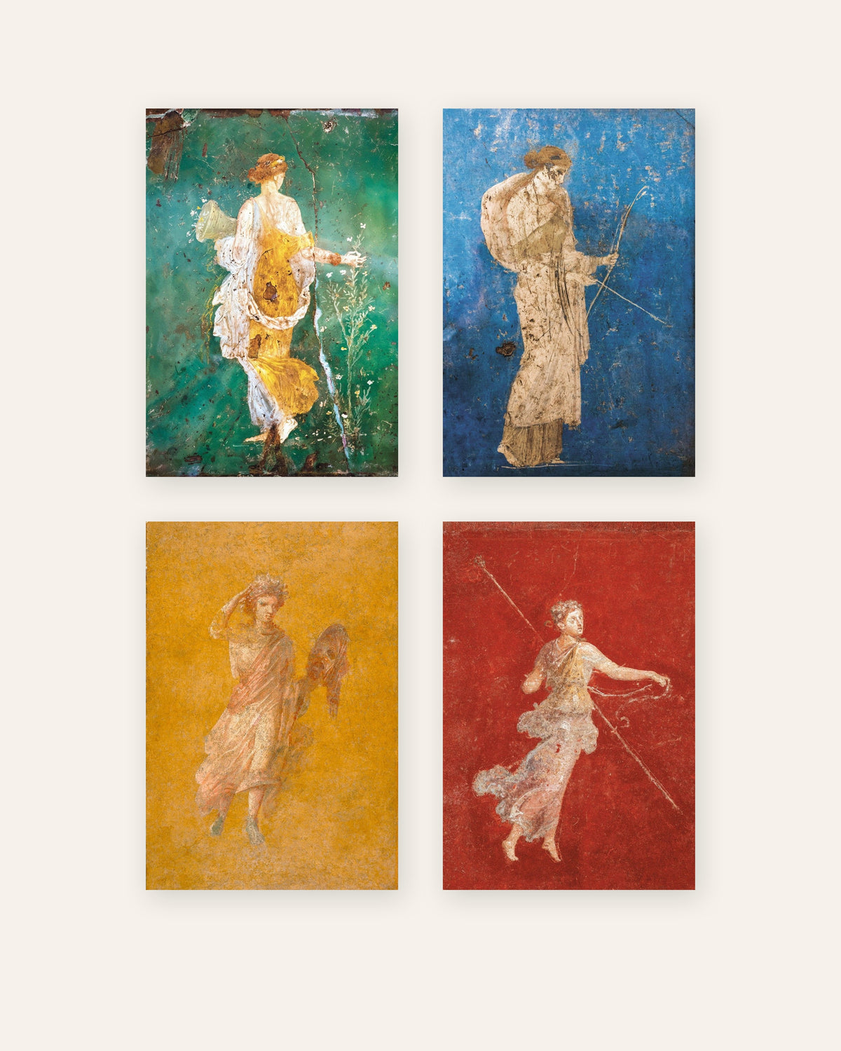 Sett med 4 postere med romerske fresker, Flora, Artemis, Melpomene og Mænade, uten ramme