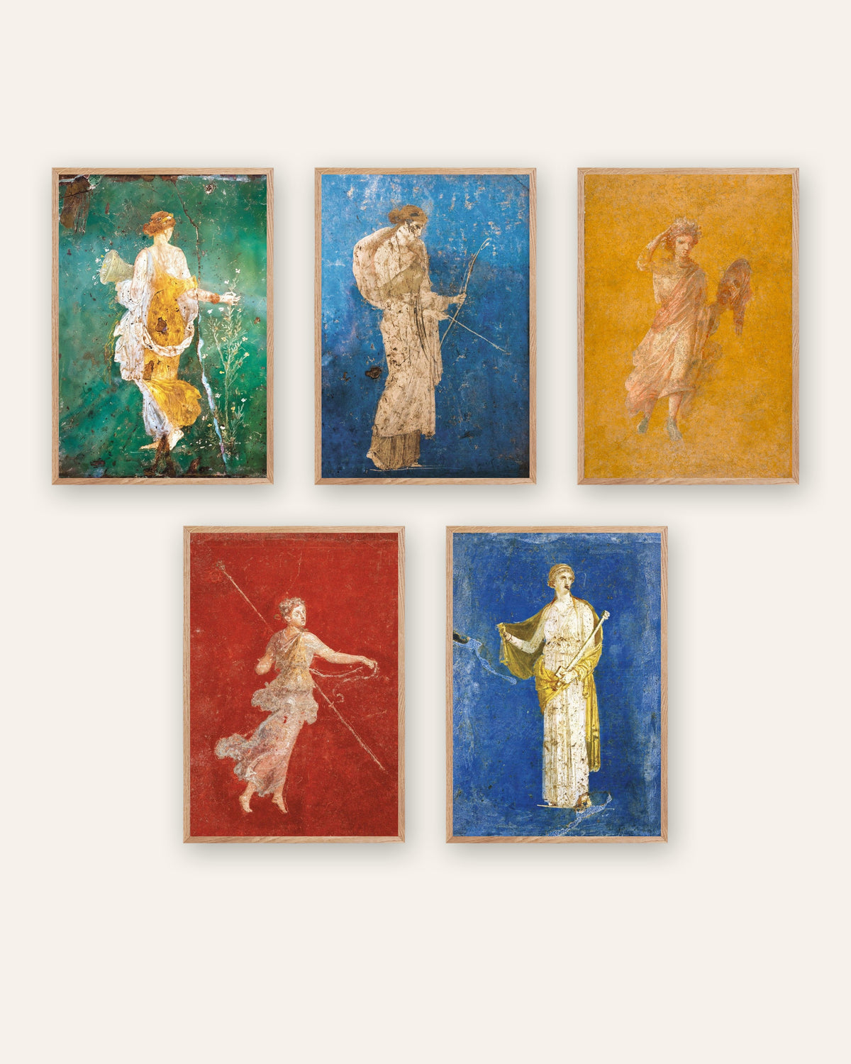 Sett med 5 postere med romerske fresker, Flora, Artemis, Melpomene, Mænade og Medea, i naturfargede trerammer