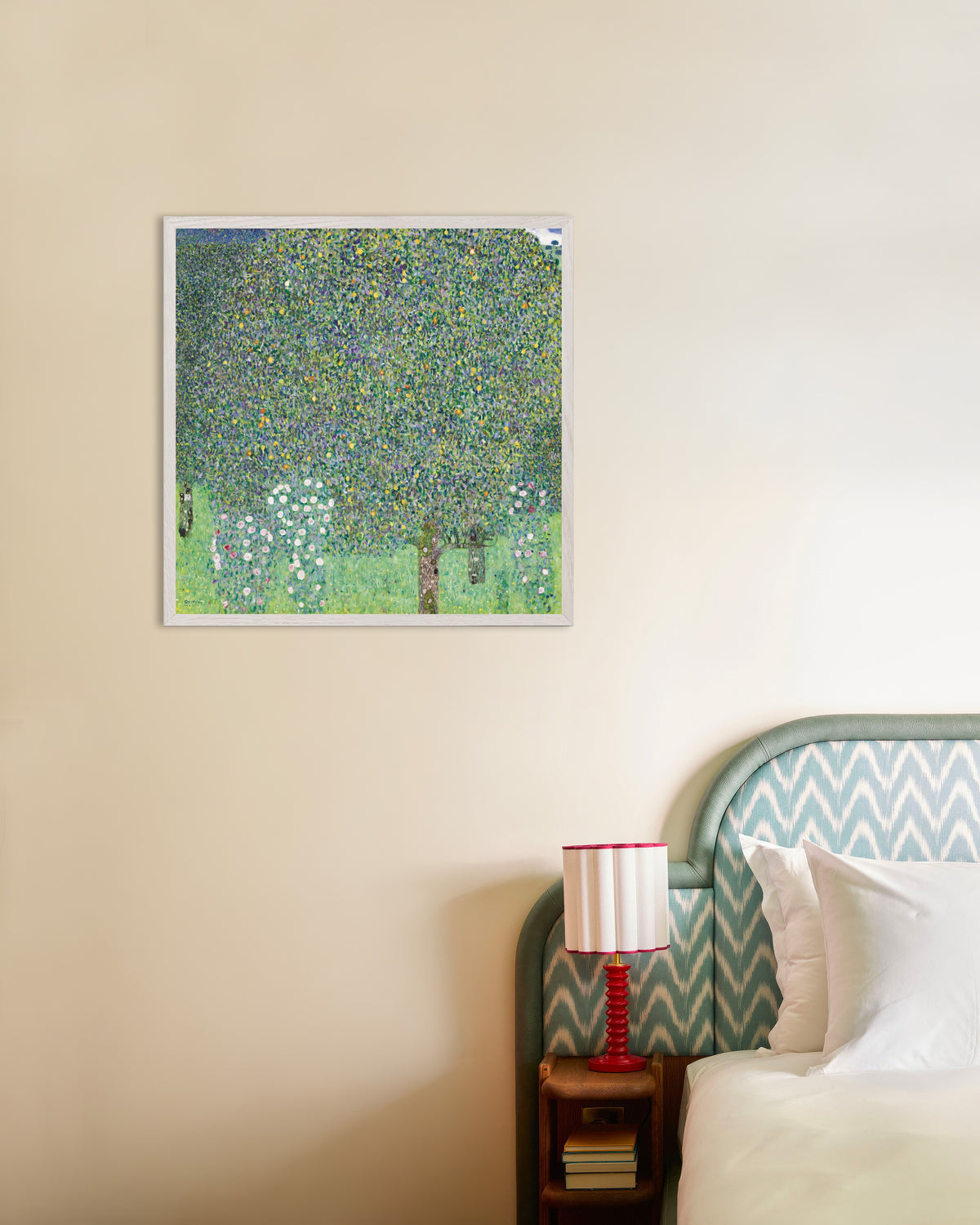 Poster of Rosebushes under the Trees (1905) by Gustav Klimt, with white wooden frame