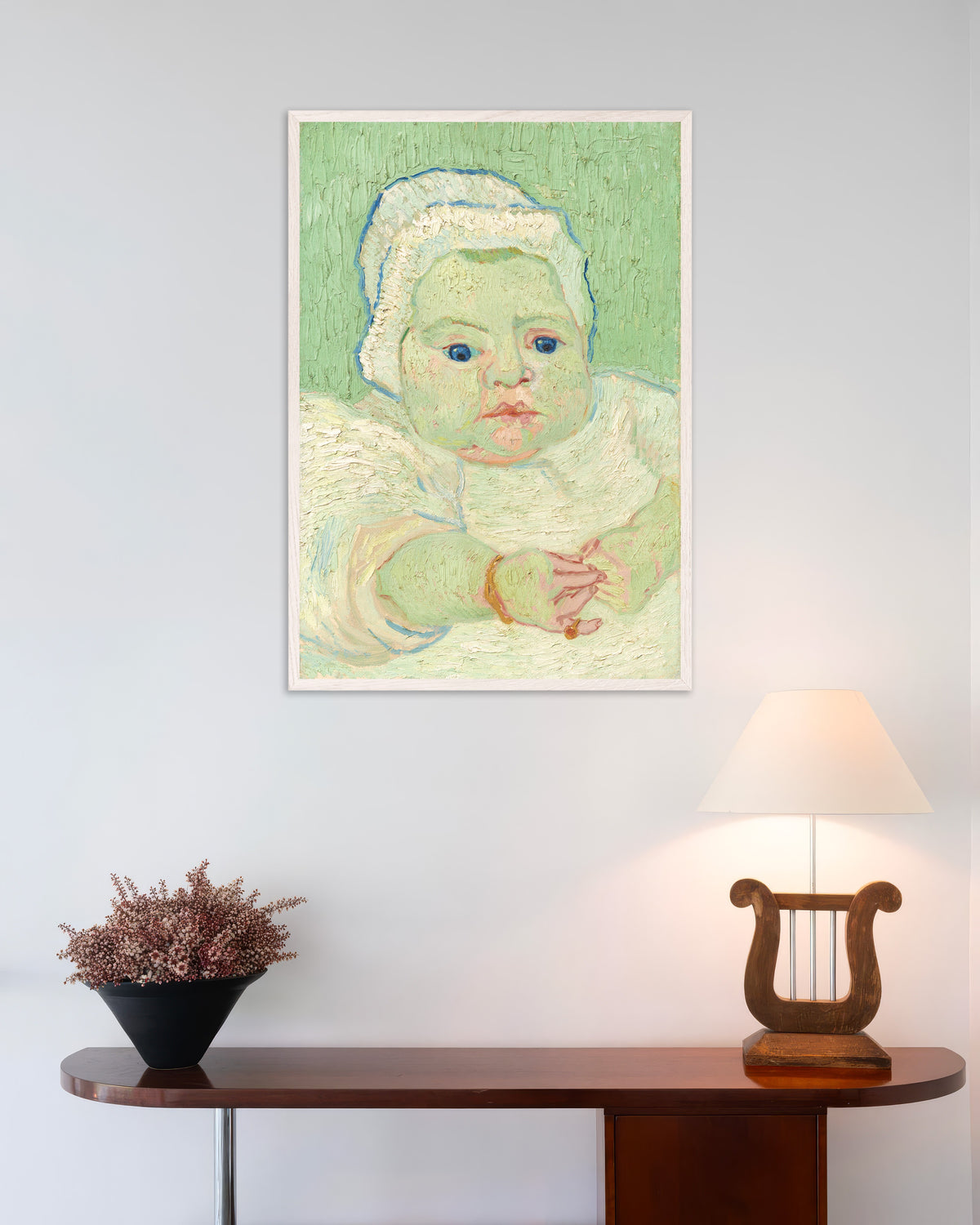 Poster av Roulin-babyen (1888) av Vincent van Gogh, med hvit treramme