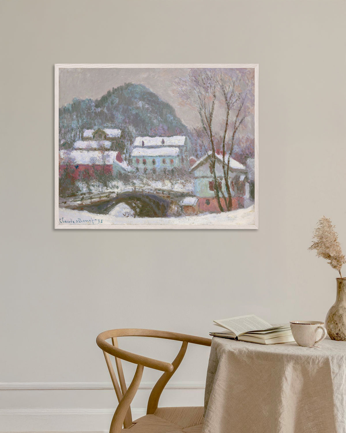 Plakat Sandvika, Norge, snøeffekt (1895) av Claude Monet med hvit treramme