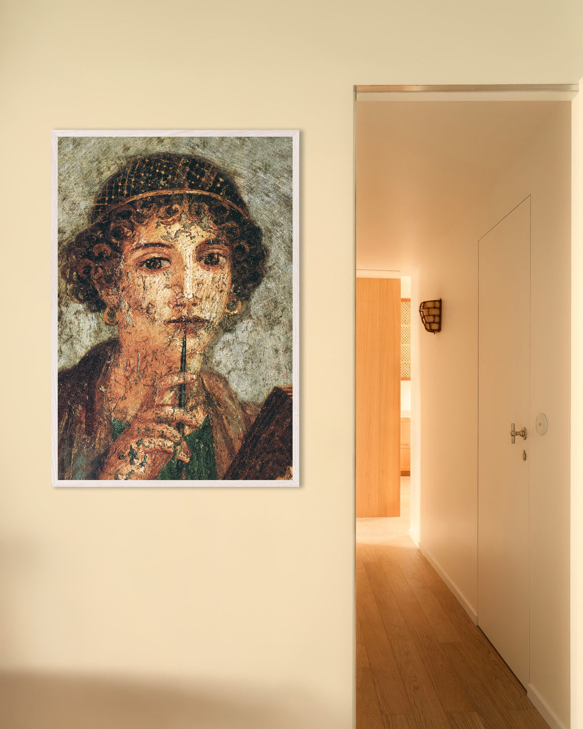 Poster med detalj av Sappho-fresken fra Pompeii i hvit treramme