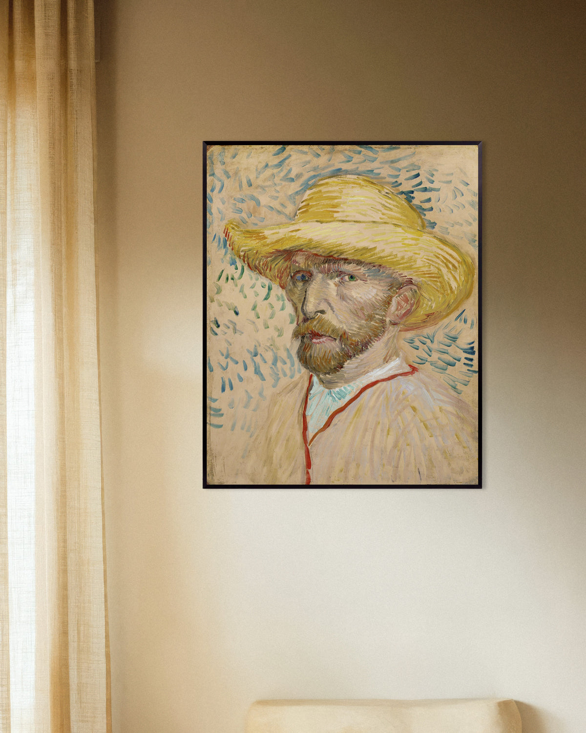 Poster of Self-Portrait with Straw Hat and Painter's Smock (1887) by Vincent van Gogh, with metal frame
