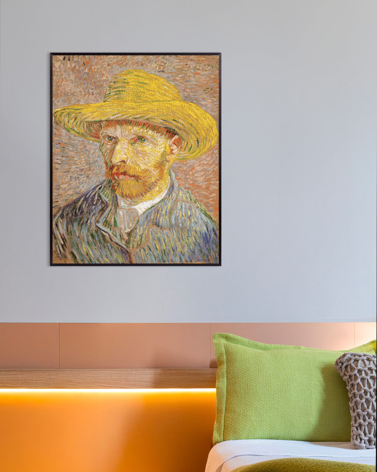 Poster of Self-Portrait with Straw Hat on Orange Ground (1887) by Vincent van Gogh, with metal frame
