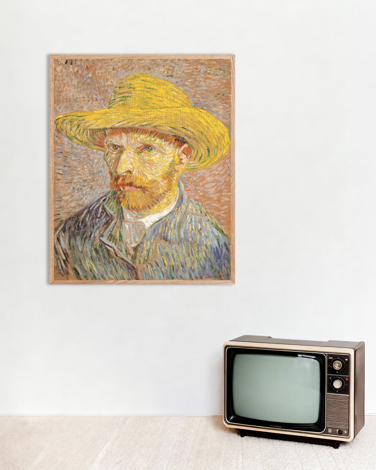 Poster of Self-Portrait with Straw Hat on Orange Ground (1887) by Vincent van Gogh, with natural wooden frame