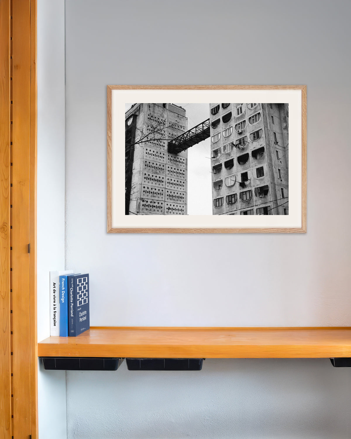 Poster of Skybridge Between Two Towers, with natural wooden frame