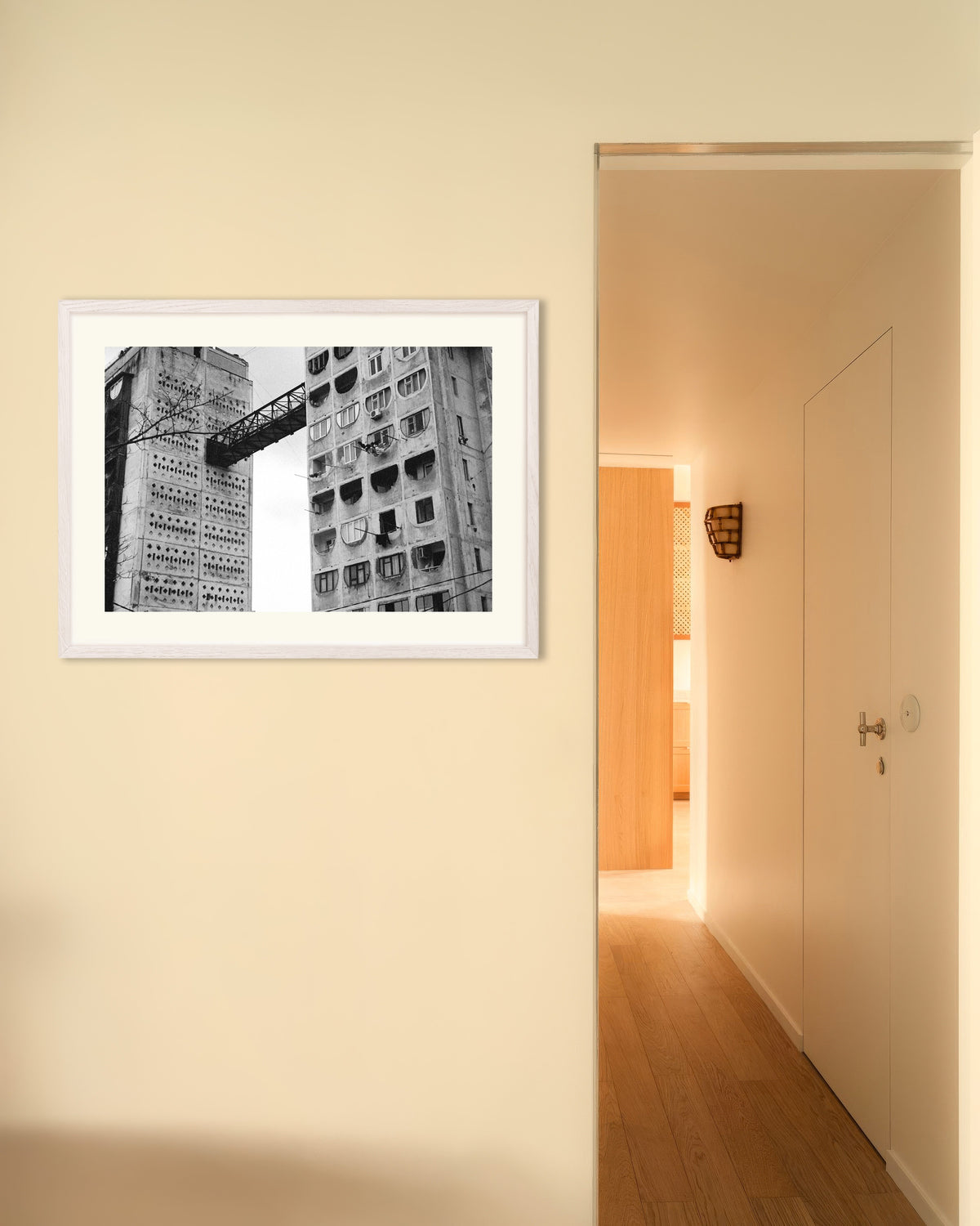 Poster of Skybridge Between Two Towers, with white wooden frame