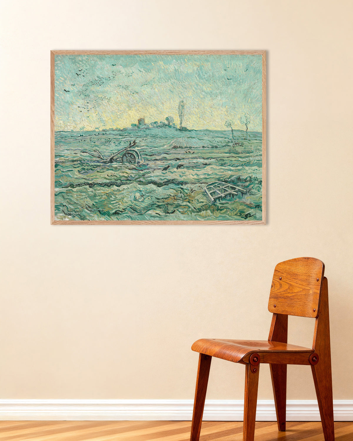 Poster av Snødekt åker med en harv, etter Millet (1890) av Vincent van Gogh, med ramme av naturtre