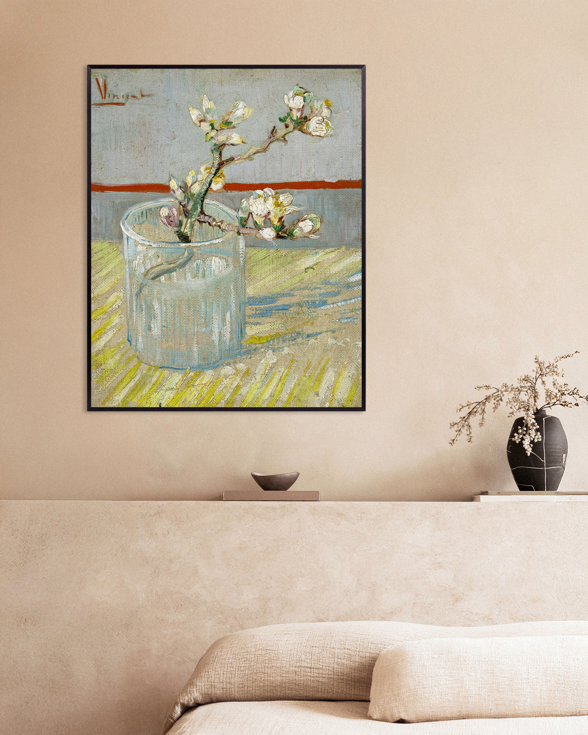 Poster av Blomstrende mandelkvist i et glass (1888) av Vincent van Gogh, med metallramme