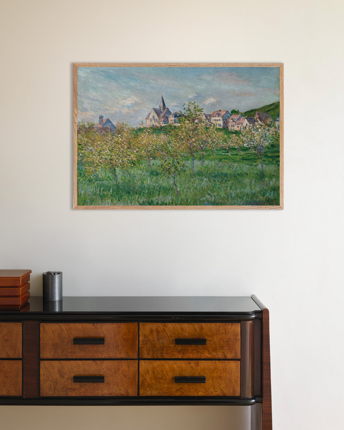 Poster of Spring at Giverny, Afternoon Effect (1885) by Claude Monet, with natural wooden frame