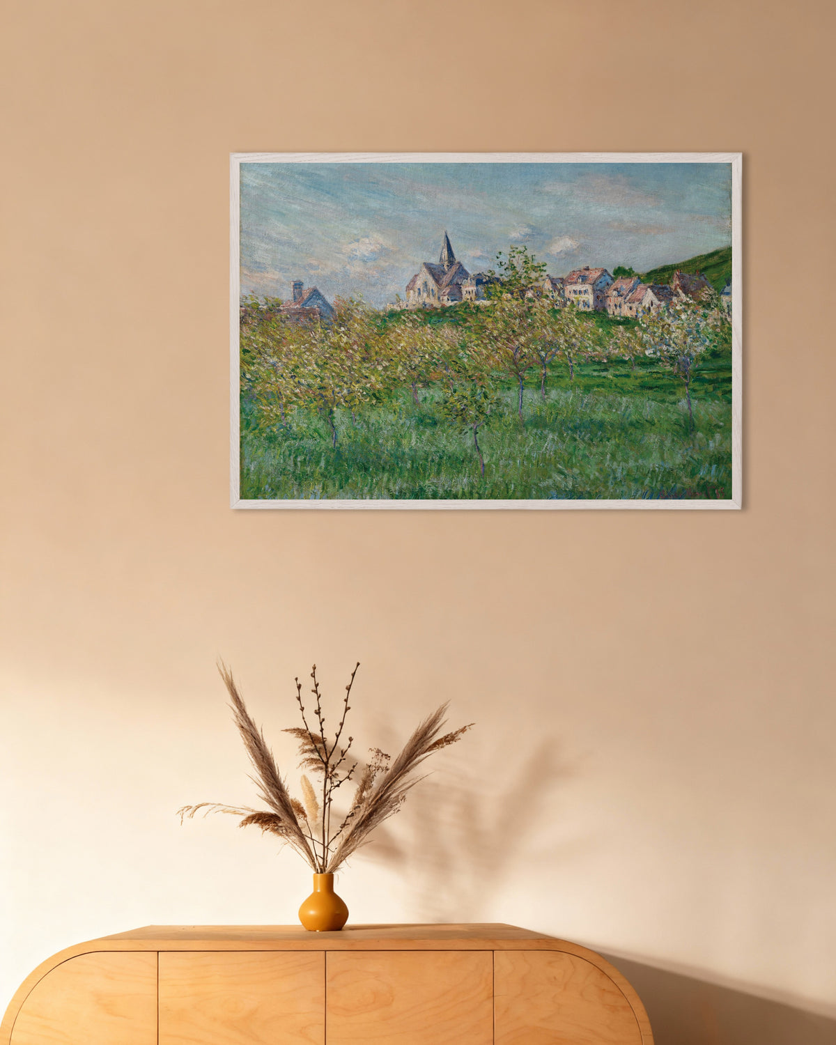 Poster of Spring at Giverny, Afternoon Effect (1885) by Claude Monet, with white wooden frame