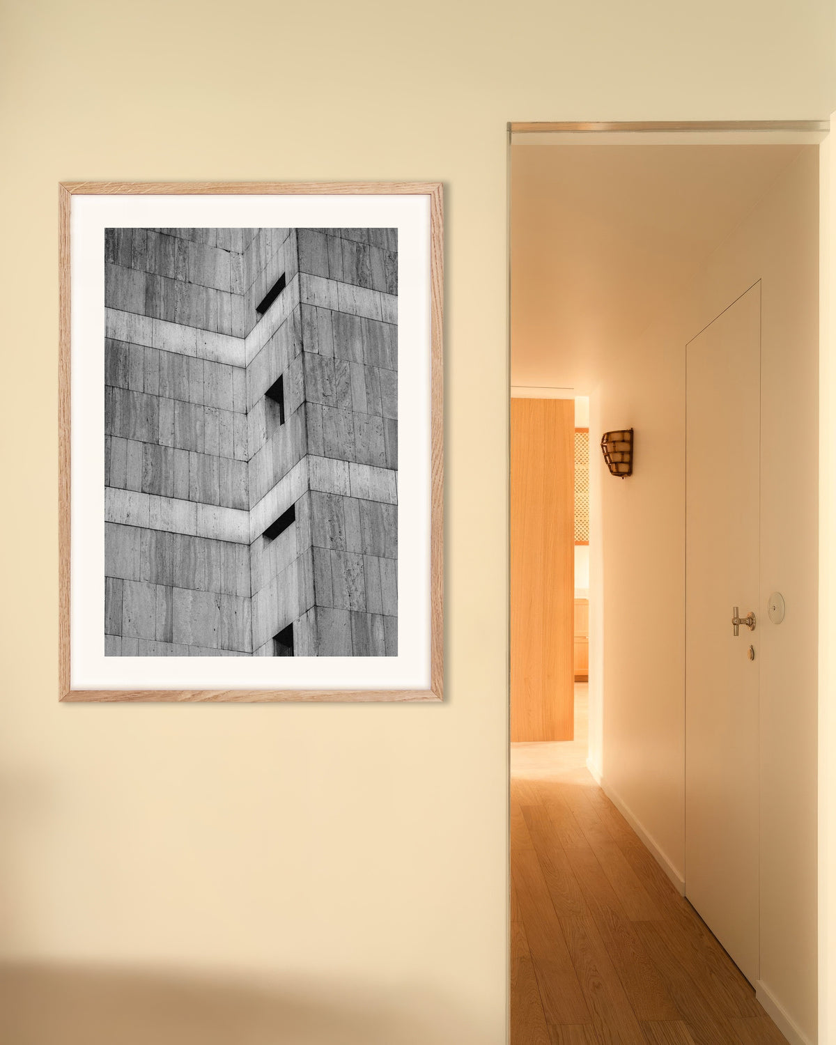 Poster of Stone Clad Corner With Slit Windows, with natural wooden frame