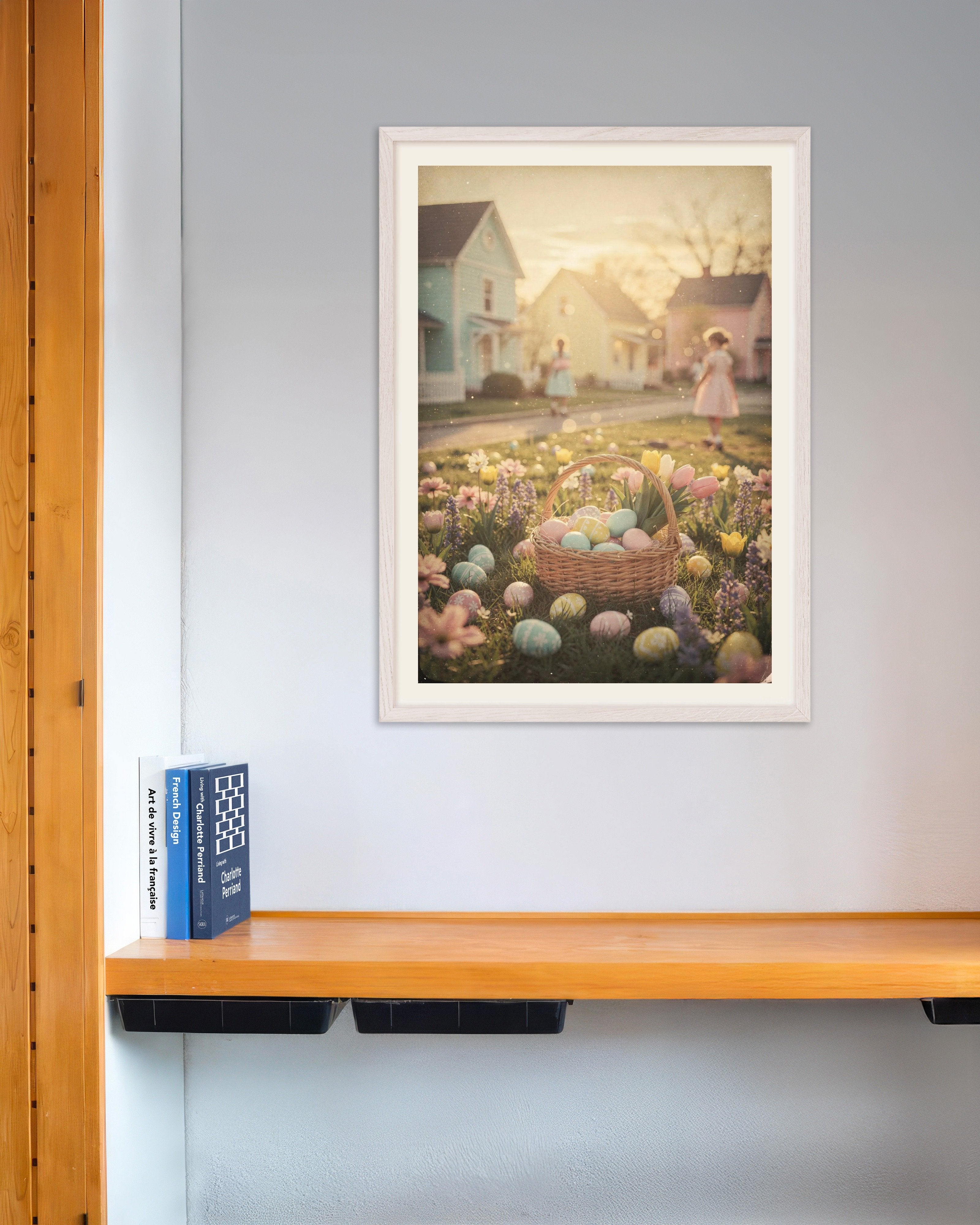 Poster of Sunlit Easter Basket in Spring Blossoms, with white wooden frame