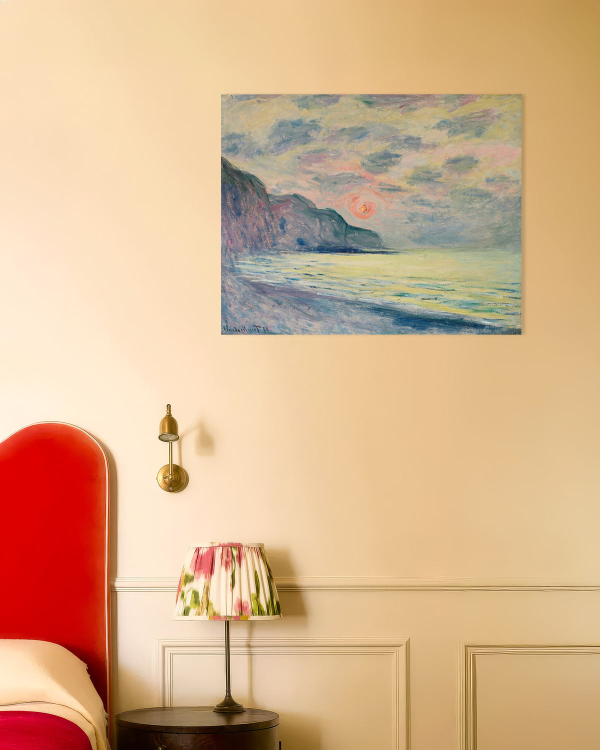 Plakat Solnedgang i disig vær, Pourville (1882) av Claude Monet