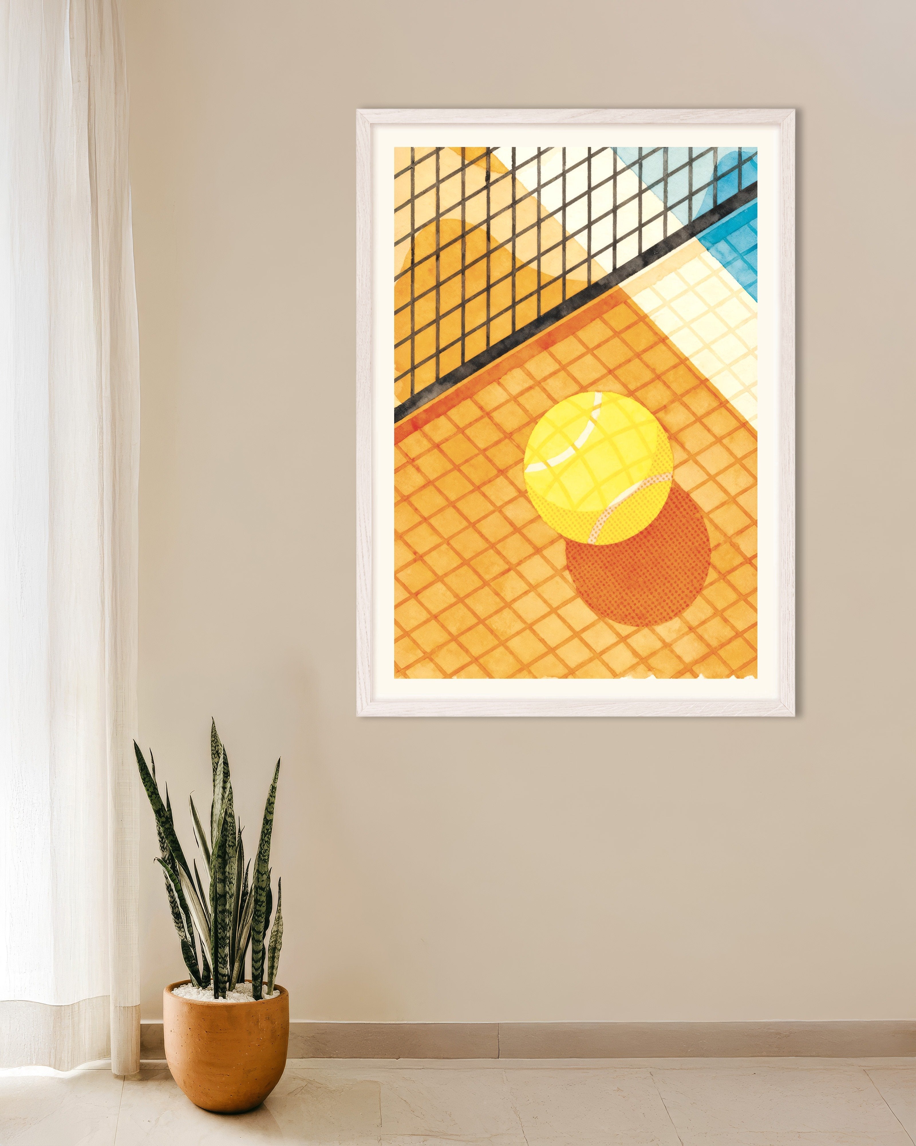 Poster of Tennis poster – Watercolor sports art print, with white wooden frame