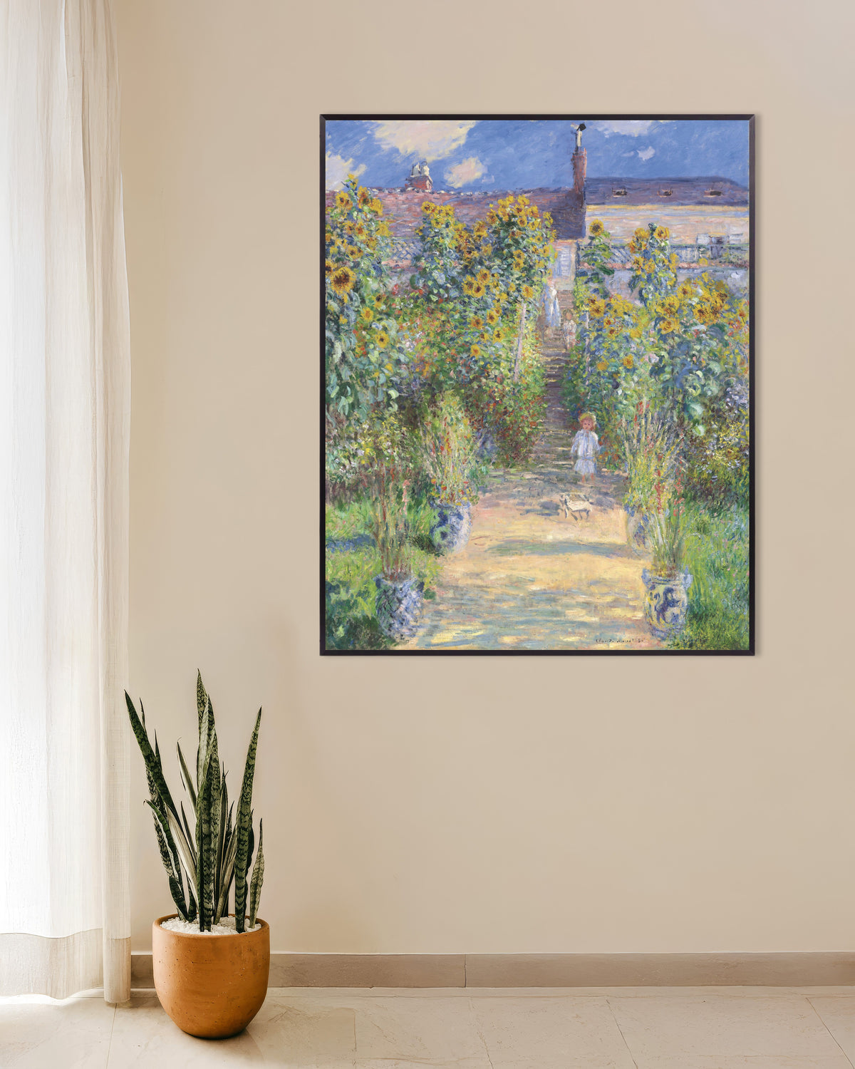Plakat Kunstnerens hage i Vétheuil (1881) av Claude Monet med metallramme