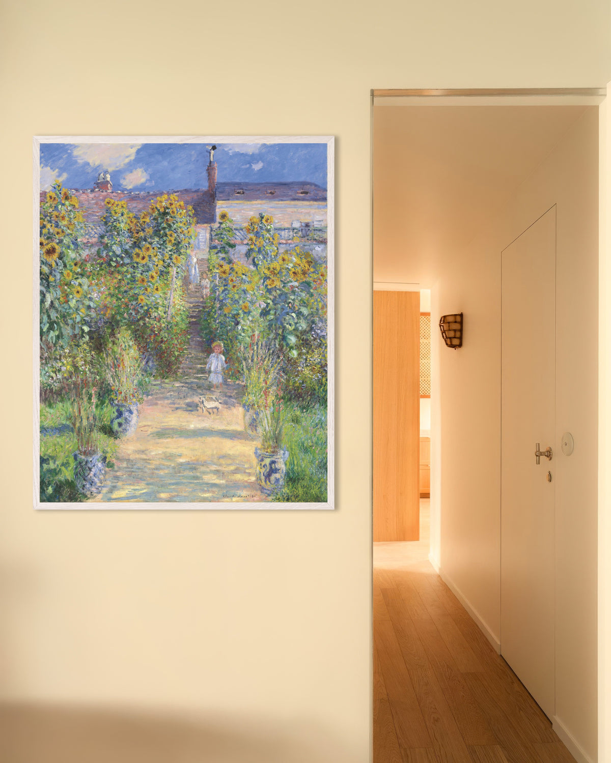 Plakat Kunstnerens hage i Vétheuil (1881) av Claude Monet med hvit treramme