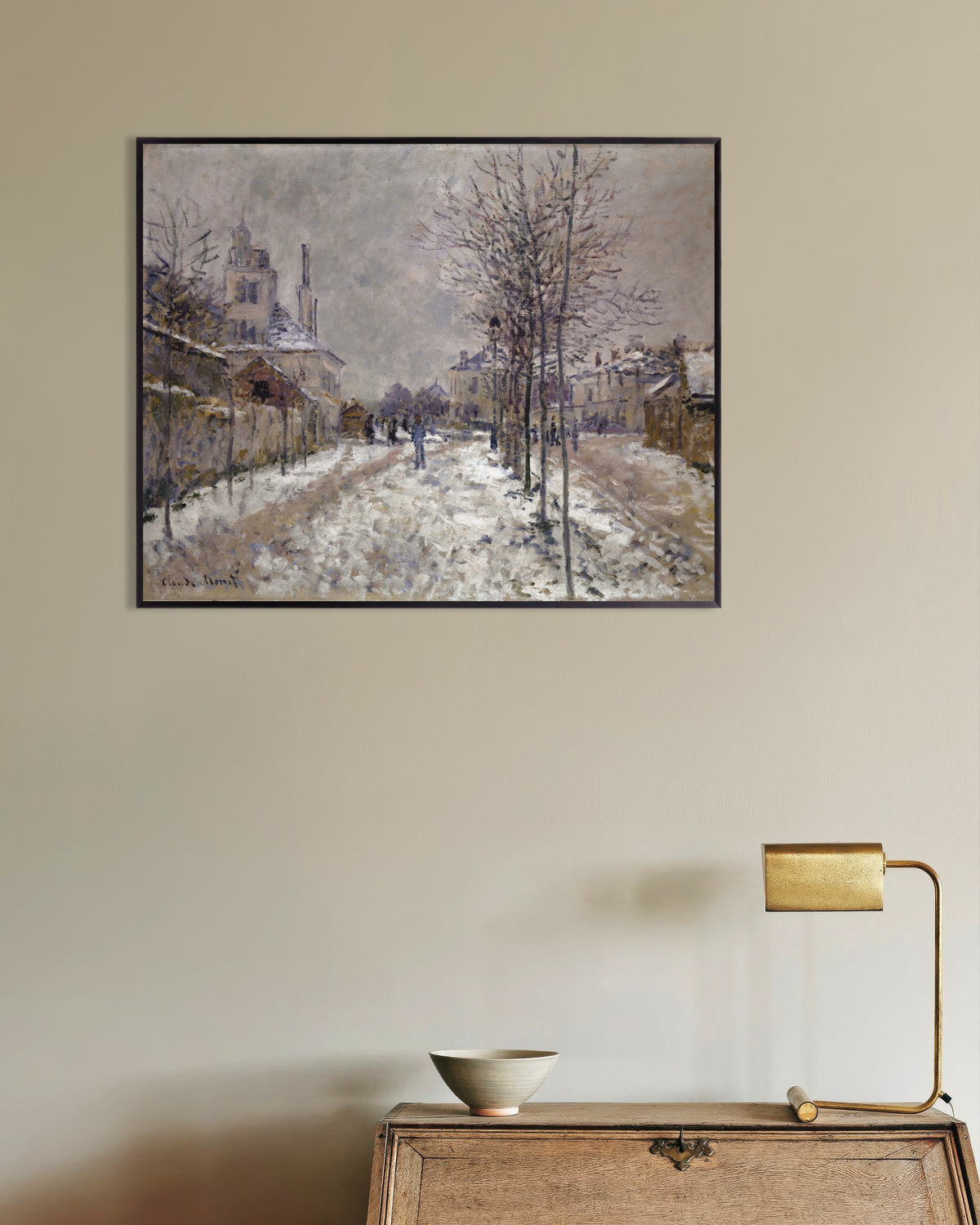 Plakat Boulevard de Pontoise i Argenteuil, snø (1875) av Claude Monet med metallramme