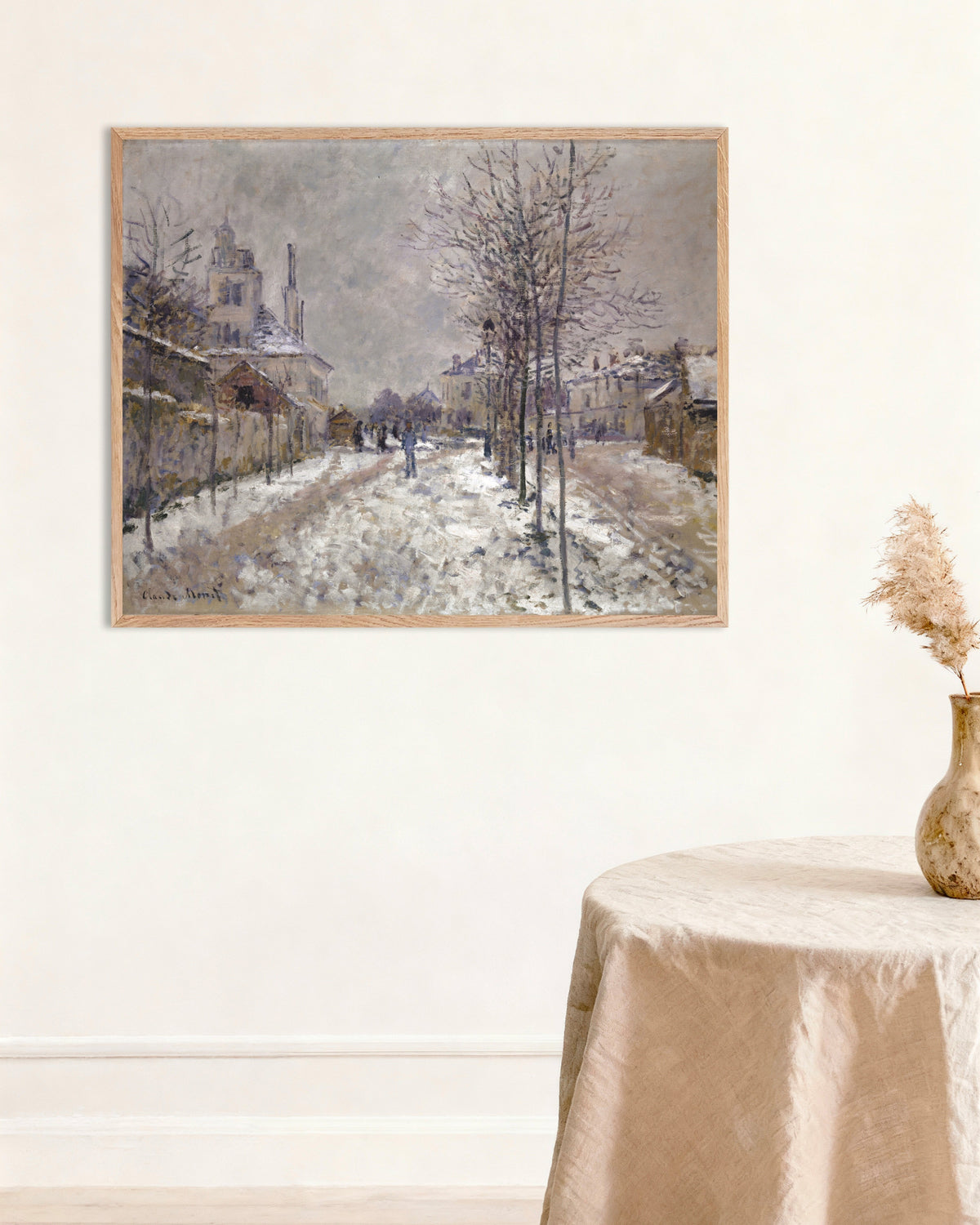 Plakat Boulevard de Pontoise i Argenteuil, snø (1875) av Claude Monet med ramme i naturtre