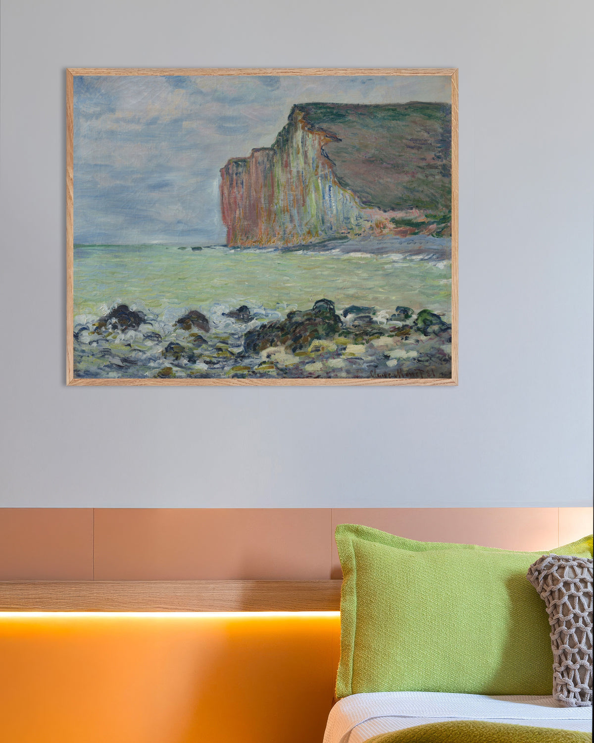 Poster of The Cliff at Petites-Dalles (1881) by Claude Monet, with natural wooden frame