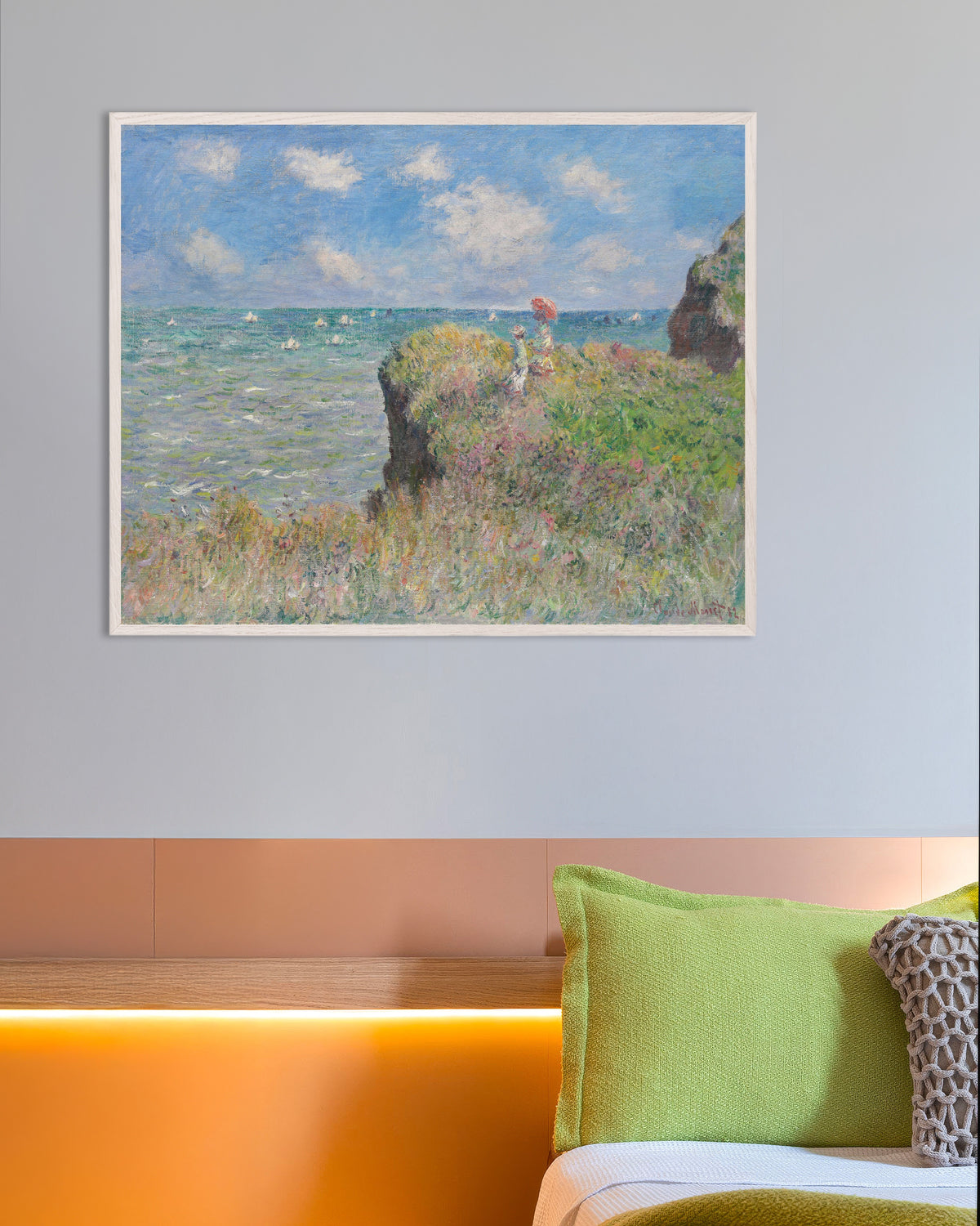 Poster of The Cliff Walk at Pourville (1882) by Claude Monet, with white wooden frame