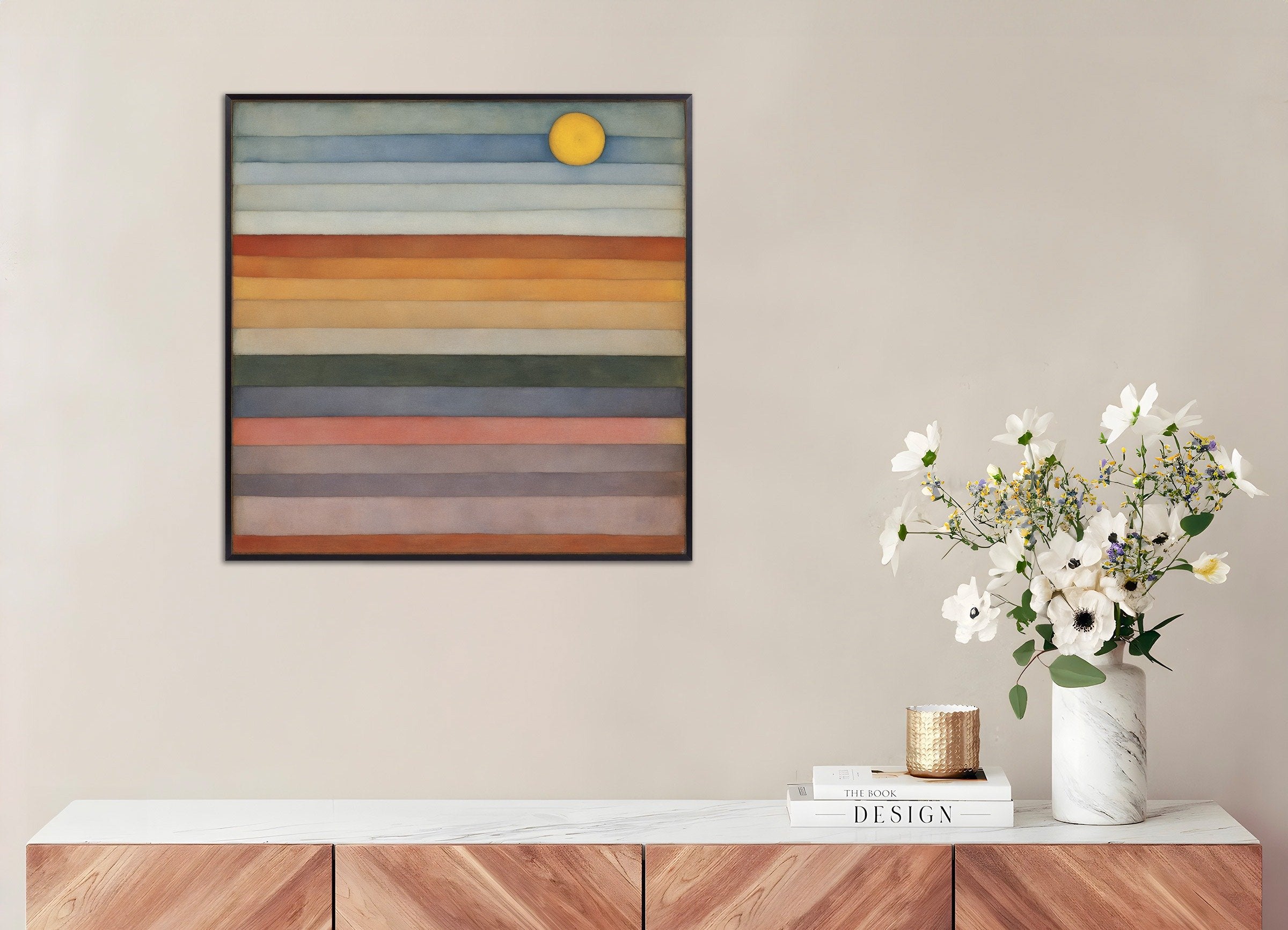 Poster of The dancing sun on the horizon, with metal frame