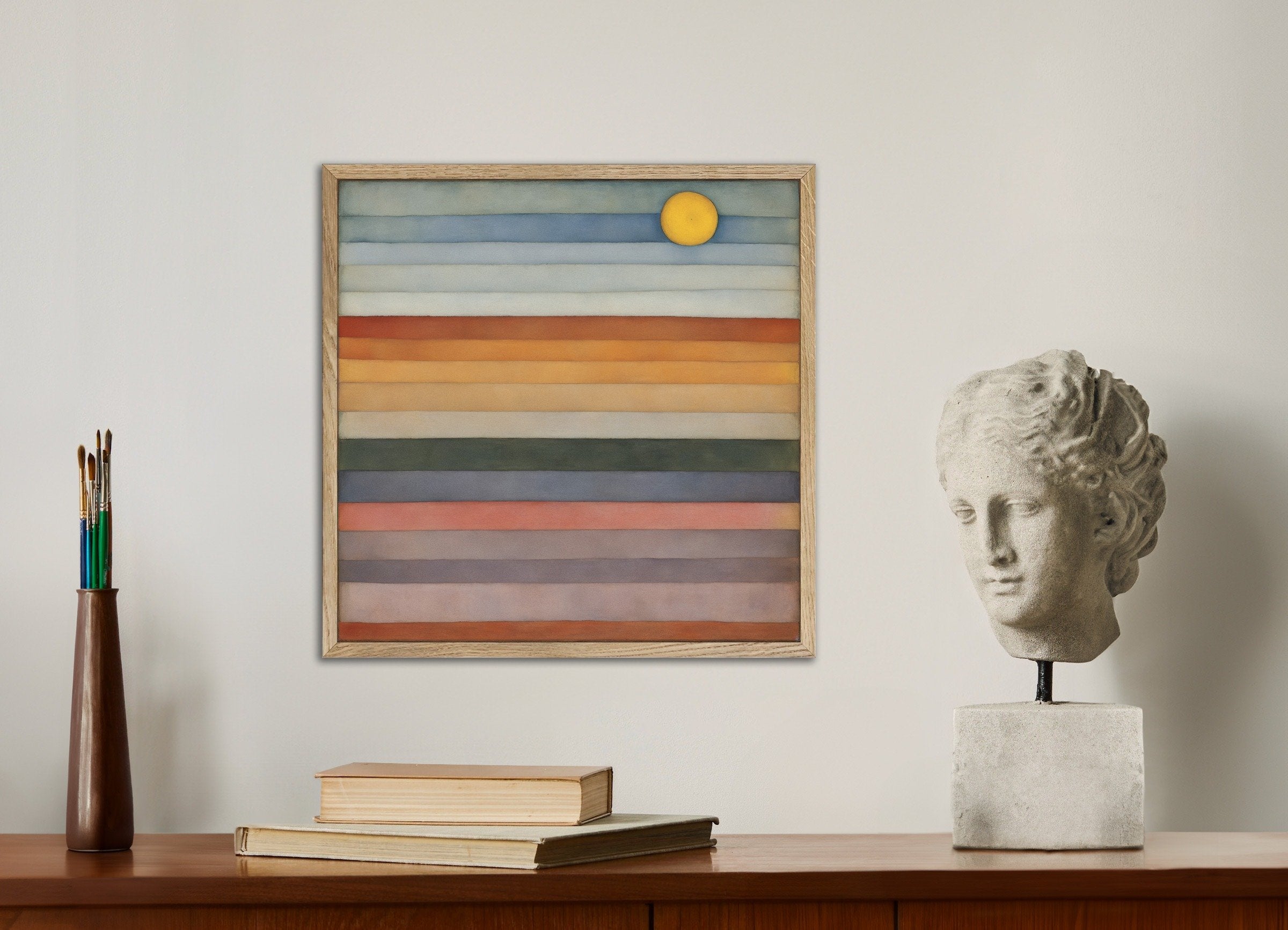 Poster of The dancing sun on the horizon, with natural wooden frame