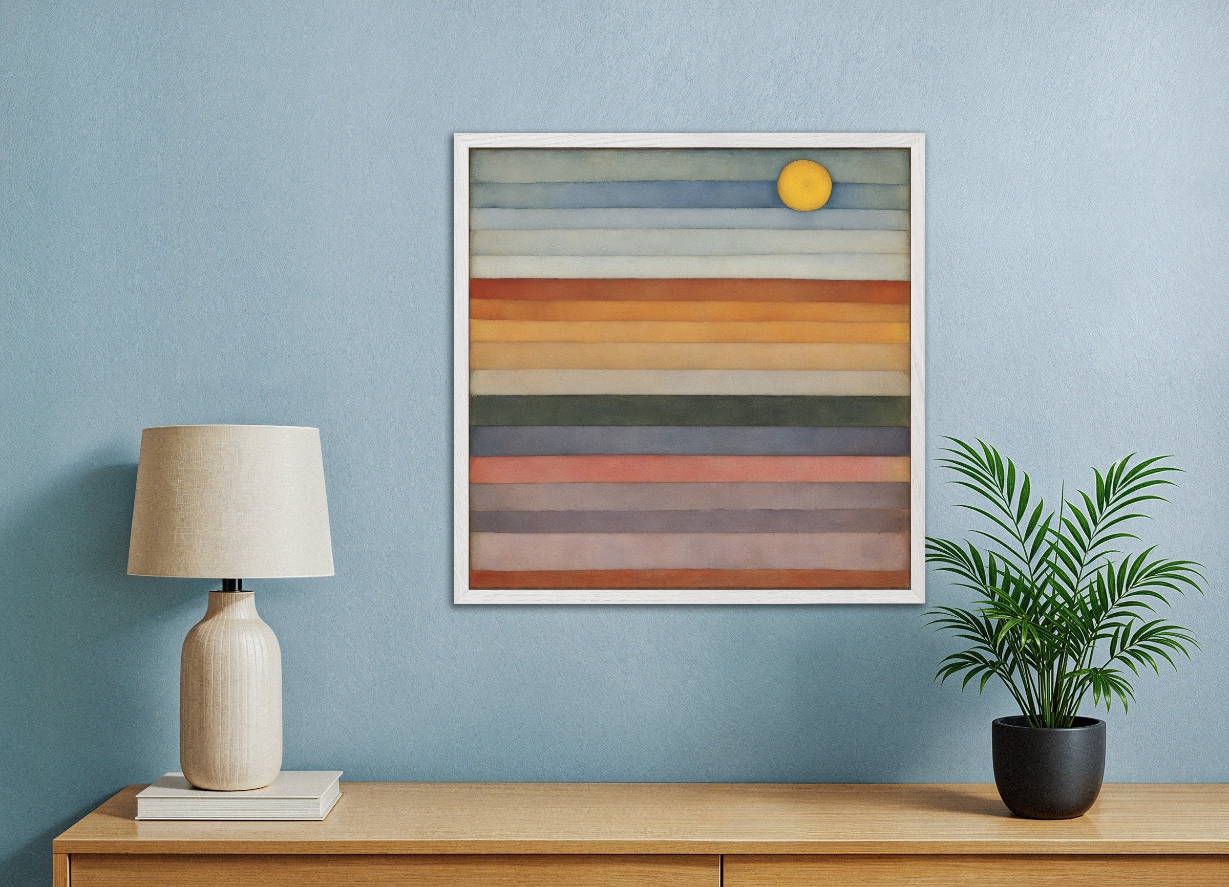Poster of The dancing sun on the horizon, with white wooden frame
