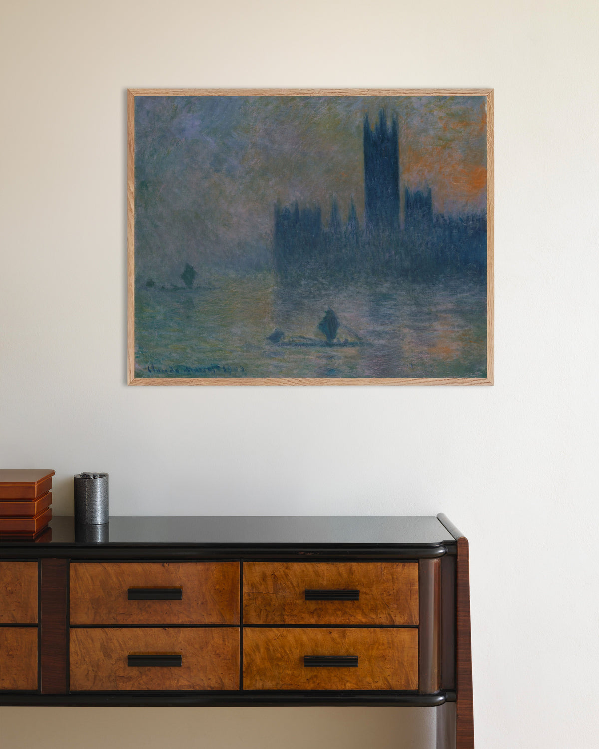 Poster of The Houses of Parliament, Effect of Fog (1903–1904) by Claude Monet, with natural wooden frame