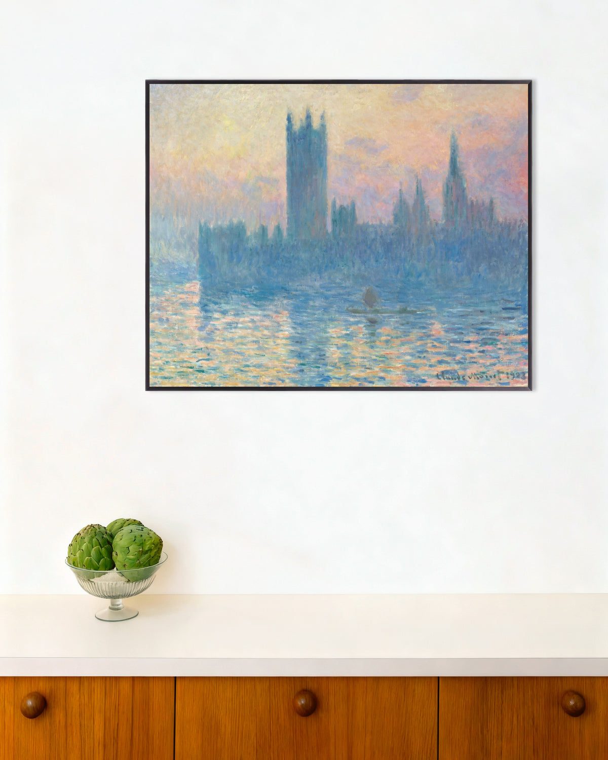 Plakat Parlamentet i solnedgang (1903) av Claude Monet med metallramme