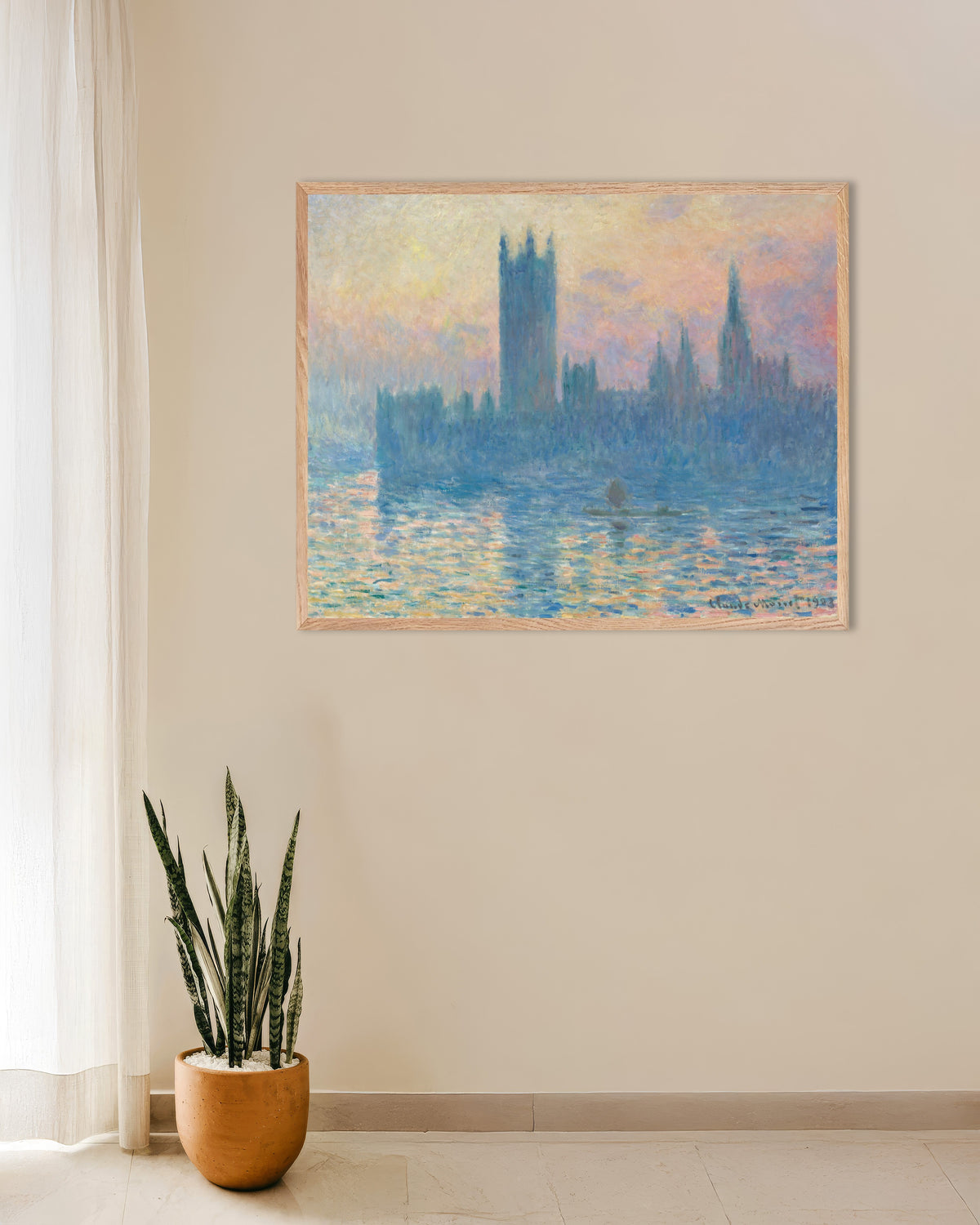 Plakat Parlamentet i solnedgang (1903) av Claude Monet med ramme i naturtre
