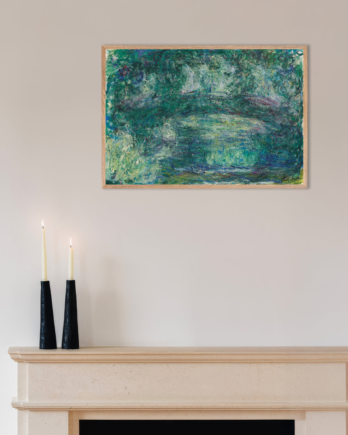 Poster of The Japanese Bridge (1918–1924) by Claude Monet, with natural wooden frame