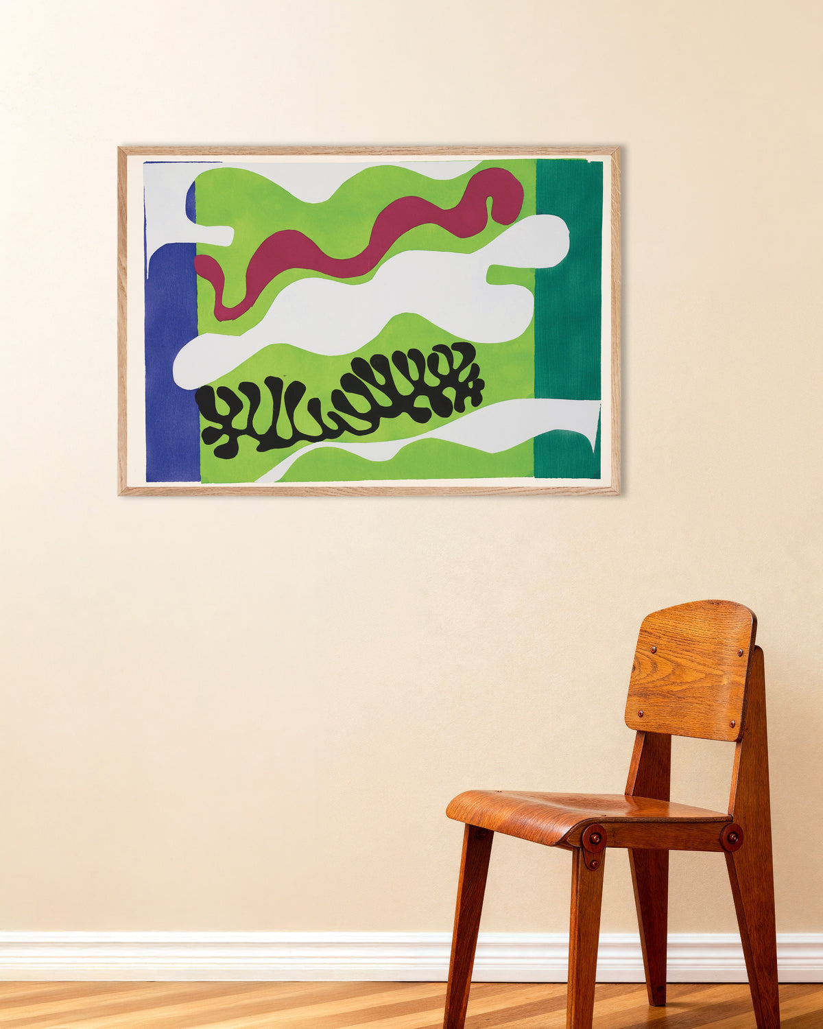Poster of The Lagoon in Green (Jazz, 1947) by Henri Matisse, with natural wooden frame