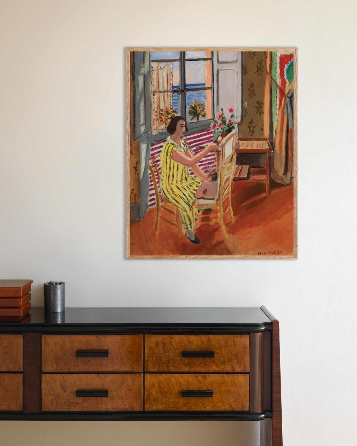 Poster av Morgenøkten (1924) av Henri Matisse, med ramme i naturlig tre