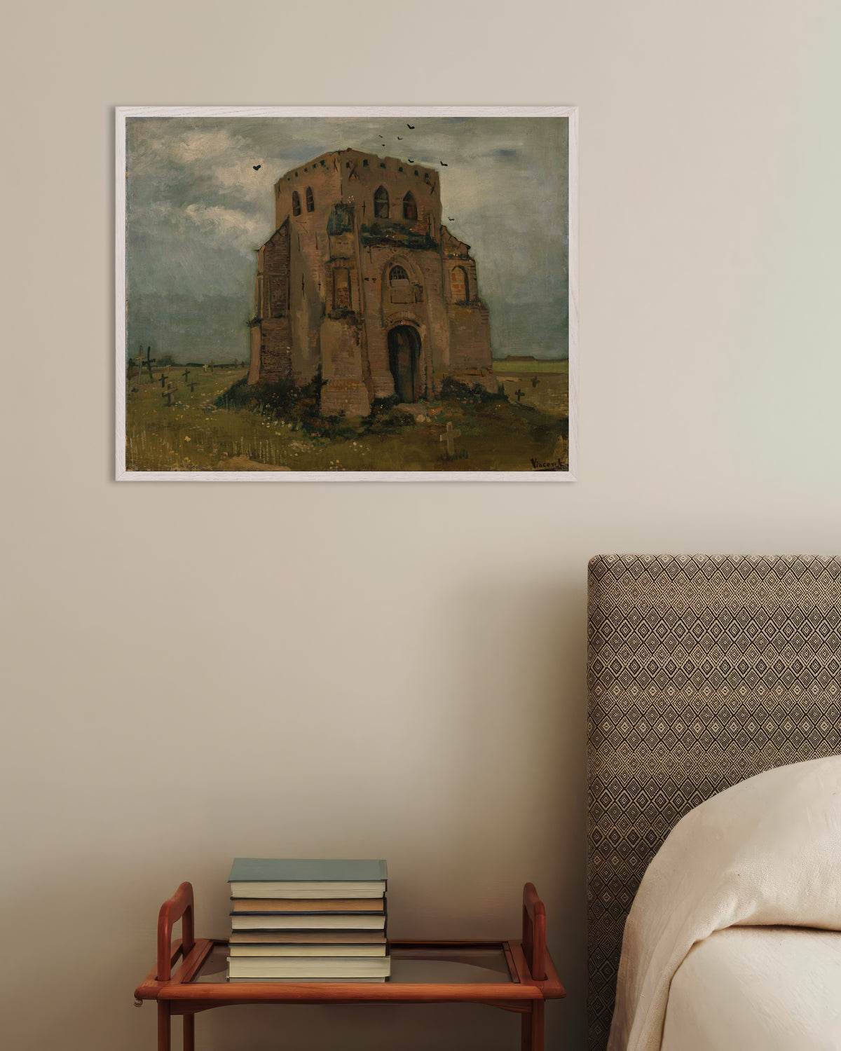 Poster av Det gamle kirketårnet i Nuenen (1885) av Vincent van Gogh, med hvit treramme
