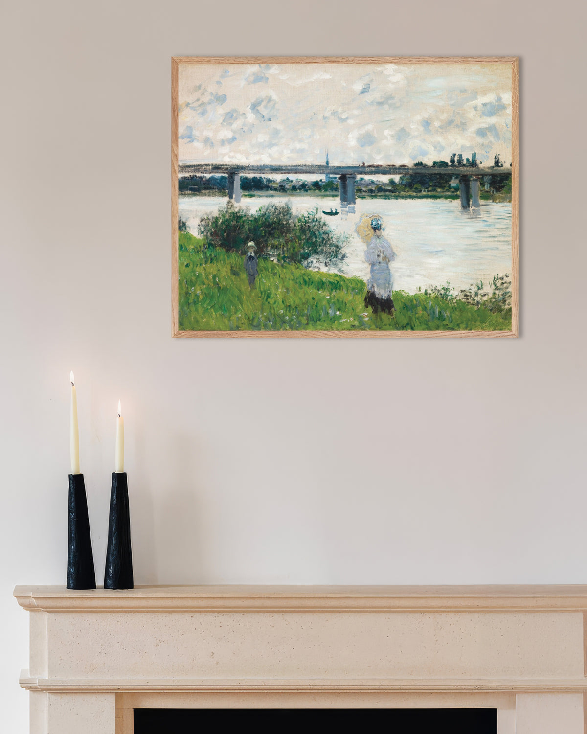 Poster of The Promenade with the Railroad Bridge, Argenteuil (1874) by Claude Monet, with natural wooden frame