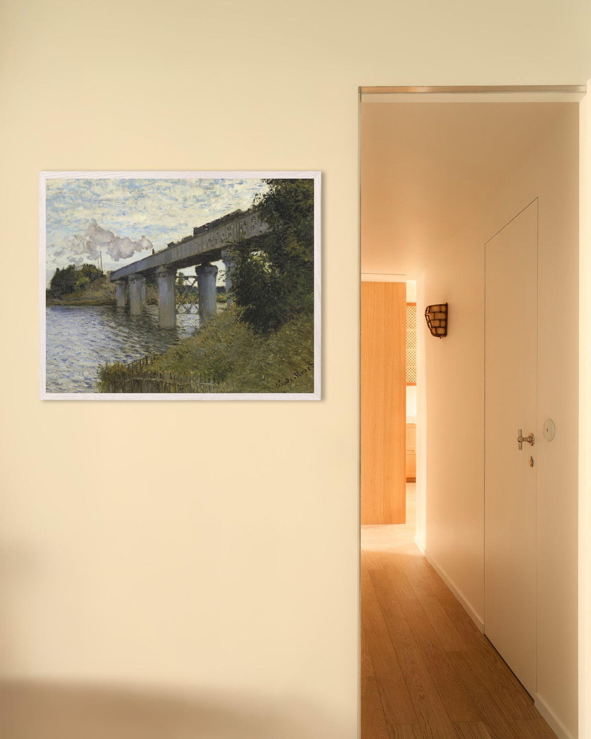 Plakat Jernbanebroen ved Argenteuil (1873–1874) av Claude Monet med hvit treramme