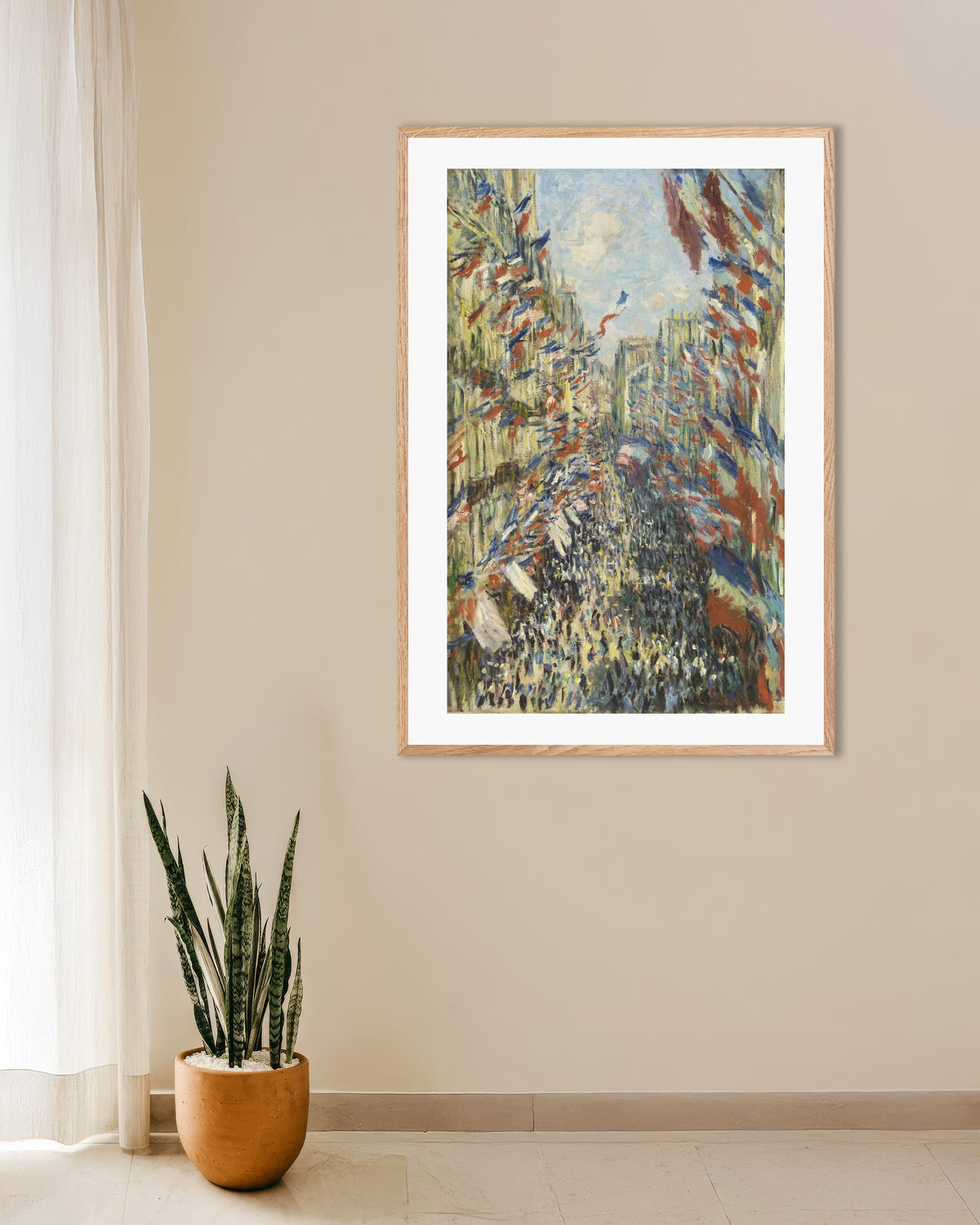 Poster of The Rue Montorgueil, Celebration of June 30, 1878 by Claude Monet, with natural wooden frame