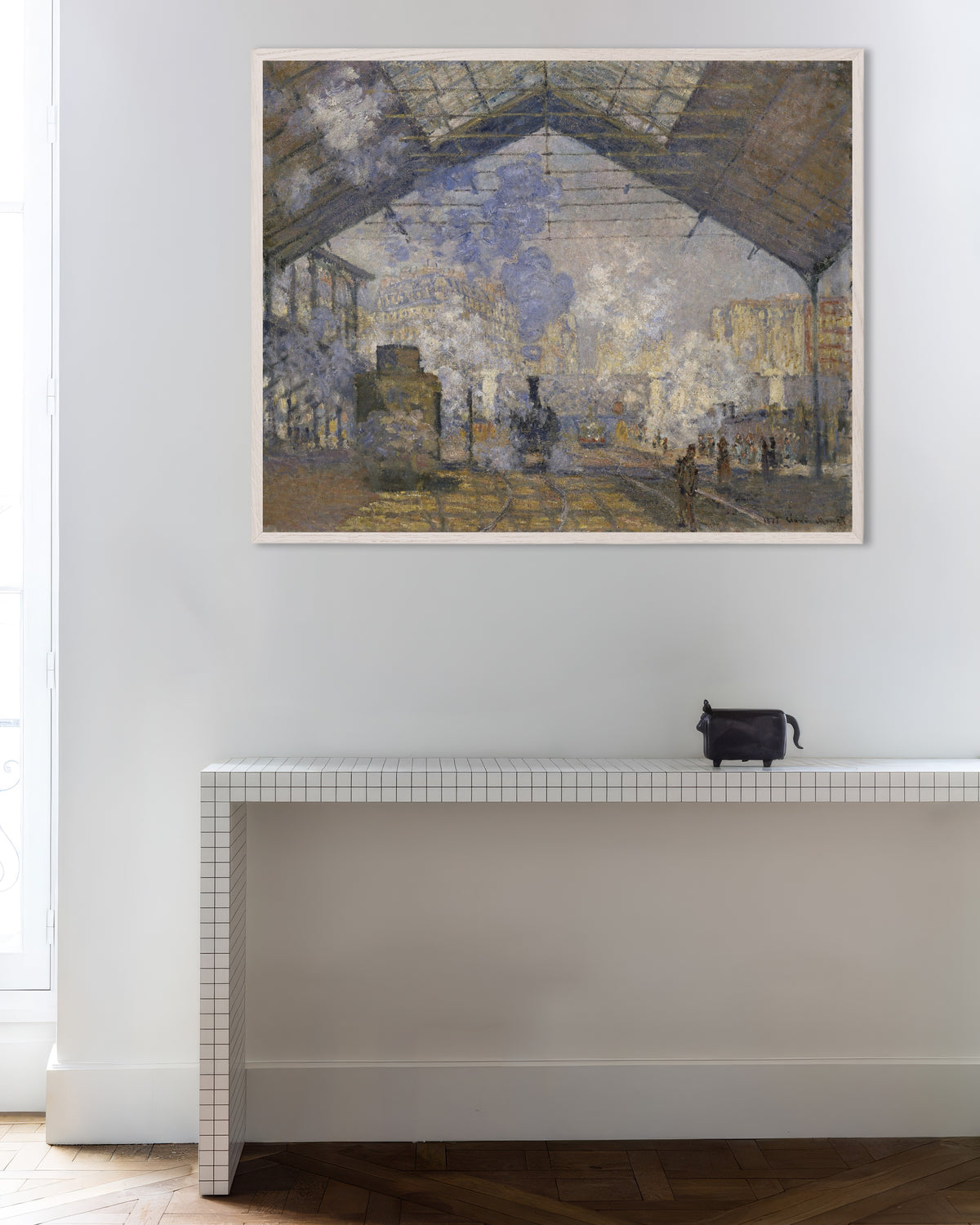 Poster of The Saint-Lazare Station (1877) by Claude Monet, with white wooden frame
