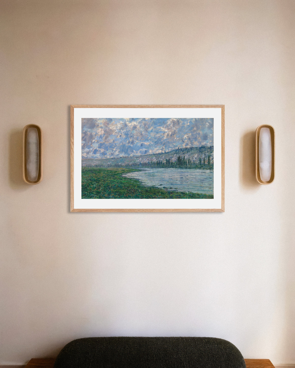 Poster of The Seine at Vétheuil (1880) by Claude Monet, with natural wooden frame