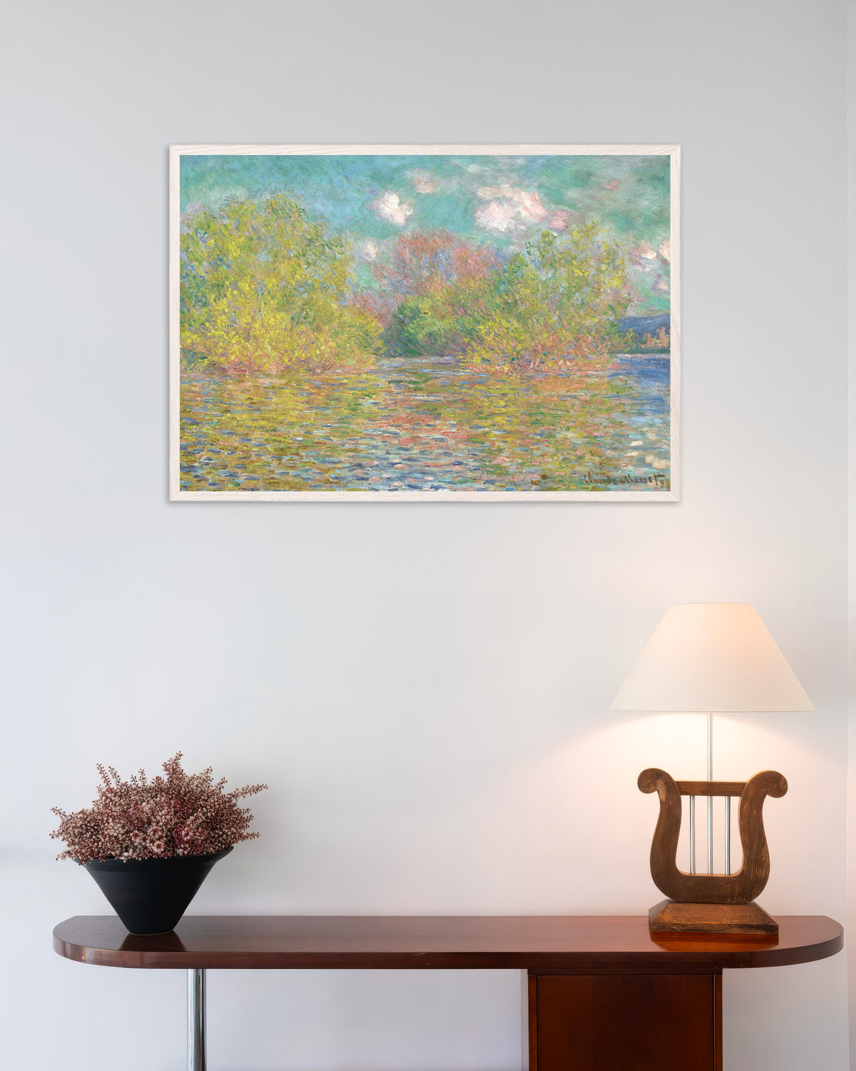 Plakat Seinen nær Giverny (1888) av Claude Monet med hvit treramme