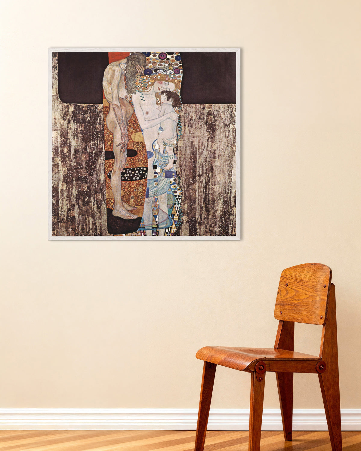 Plakat Kvinnens tre aldre (1905) av Gustav Klimt med hvit treramme