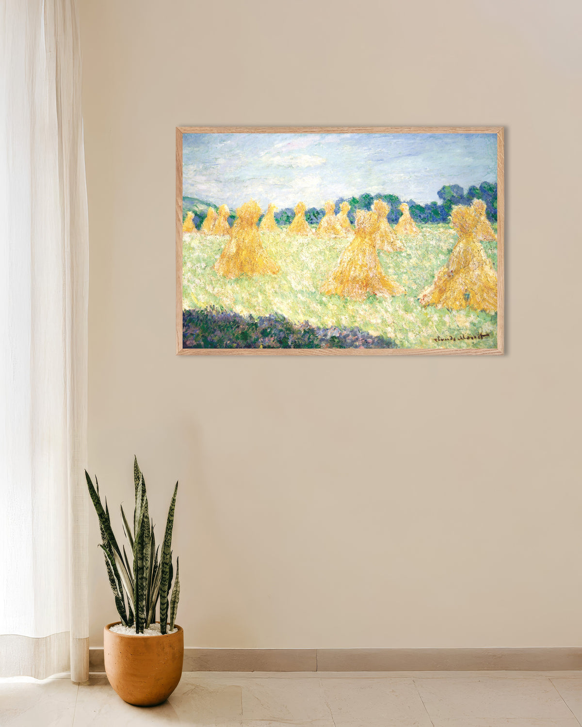 Poster of The Young Ladies of Giverny, Sun Effect (1894) by Claude Monet, with natural wooden frame