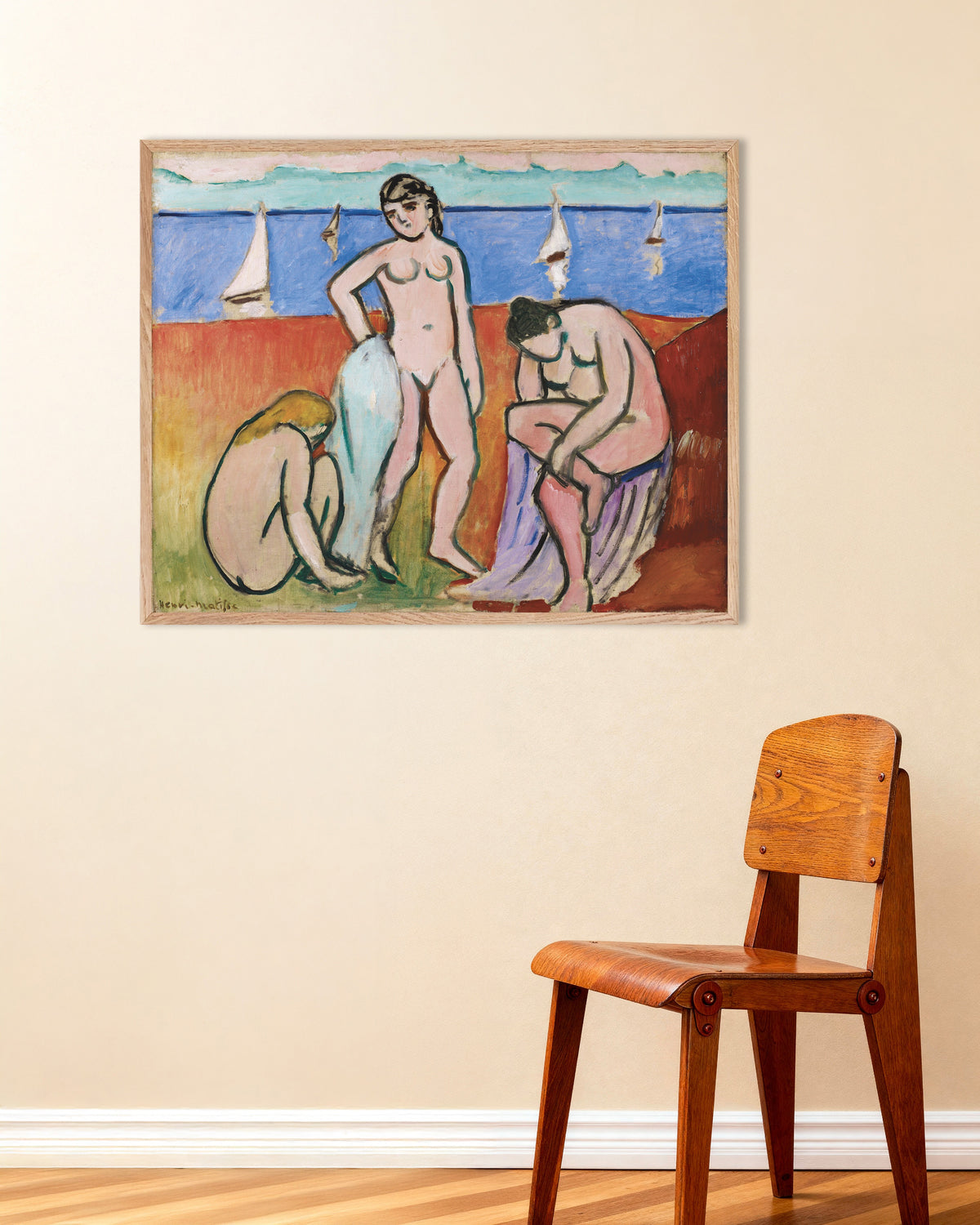 Poster av Tre badende (1907) av Henri Matisse, med ramme i naturtre