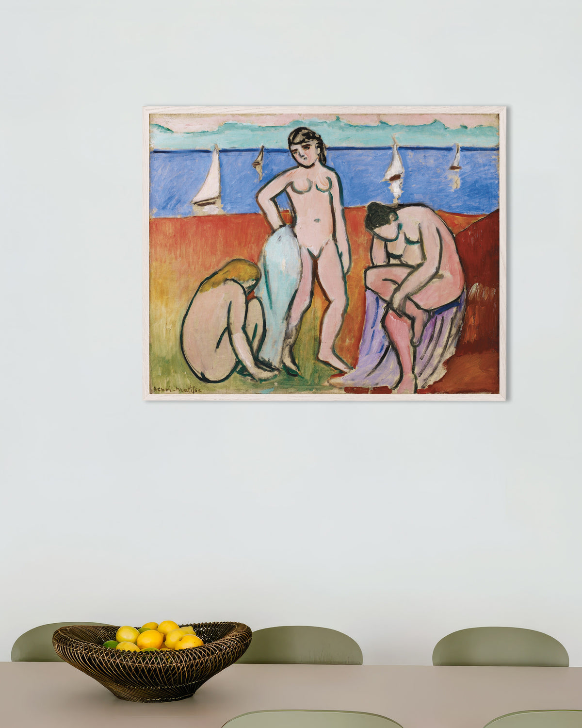 Poster av Tre badende (1907) av Henri Matisse, med hvit treramme